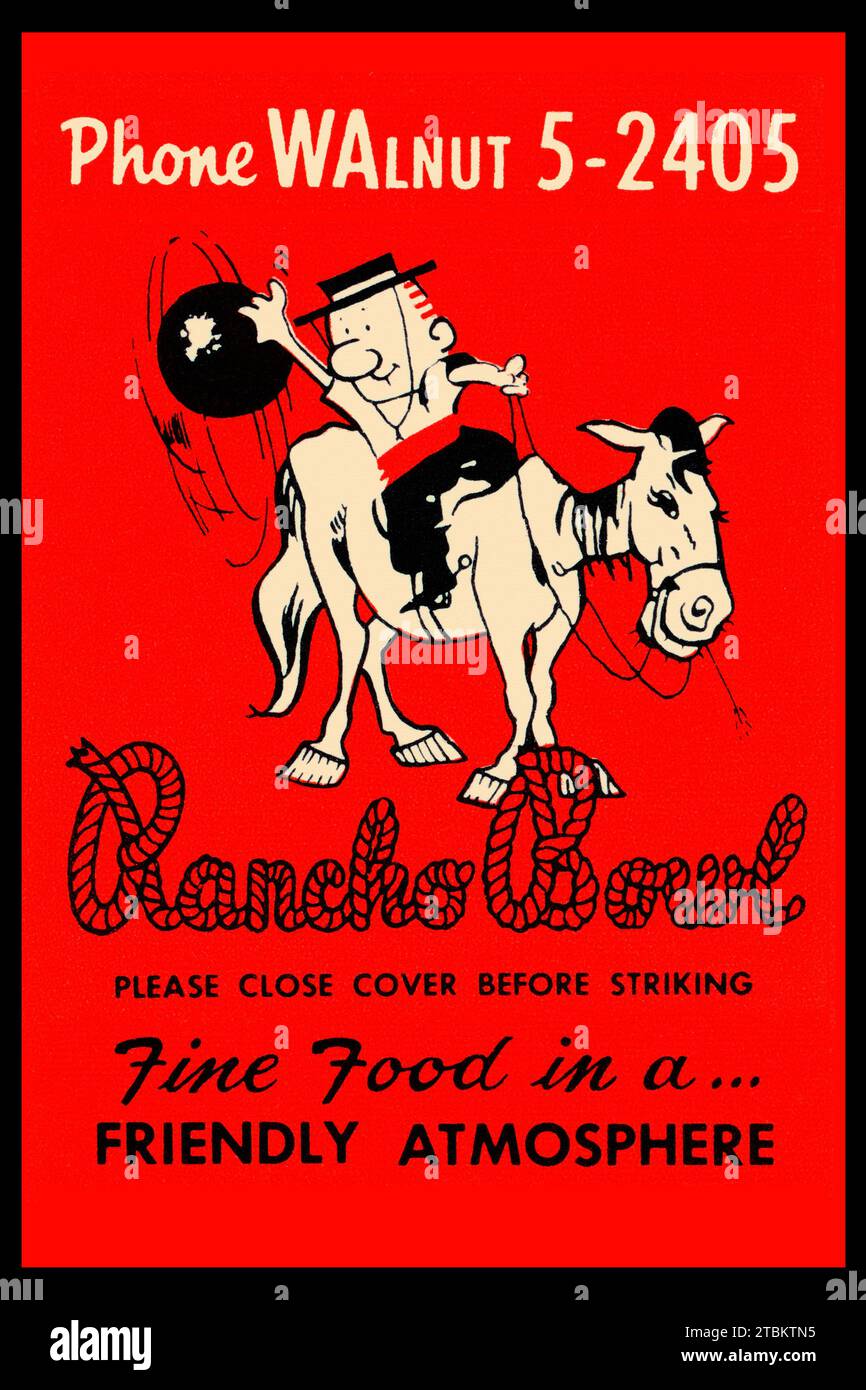 Art from a matchbook cover to promote the Rancho Bowl bowling alley. Stock Photo