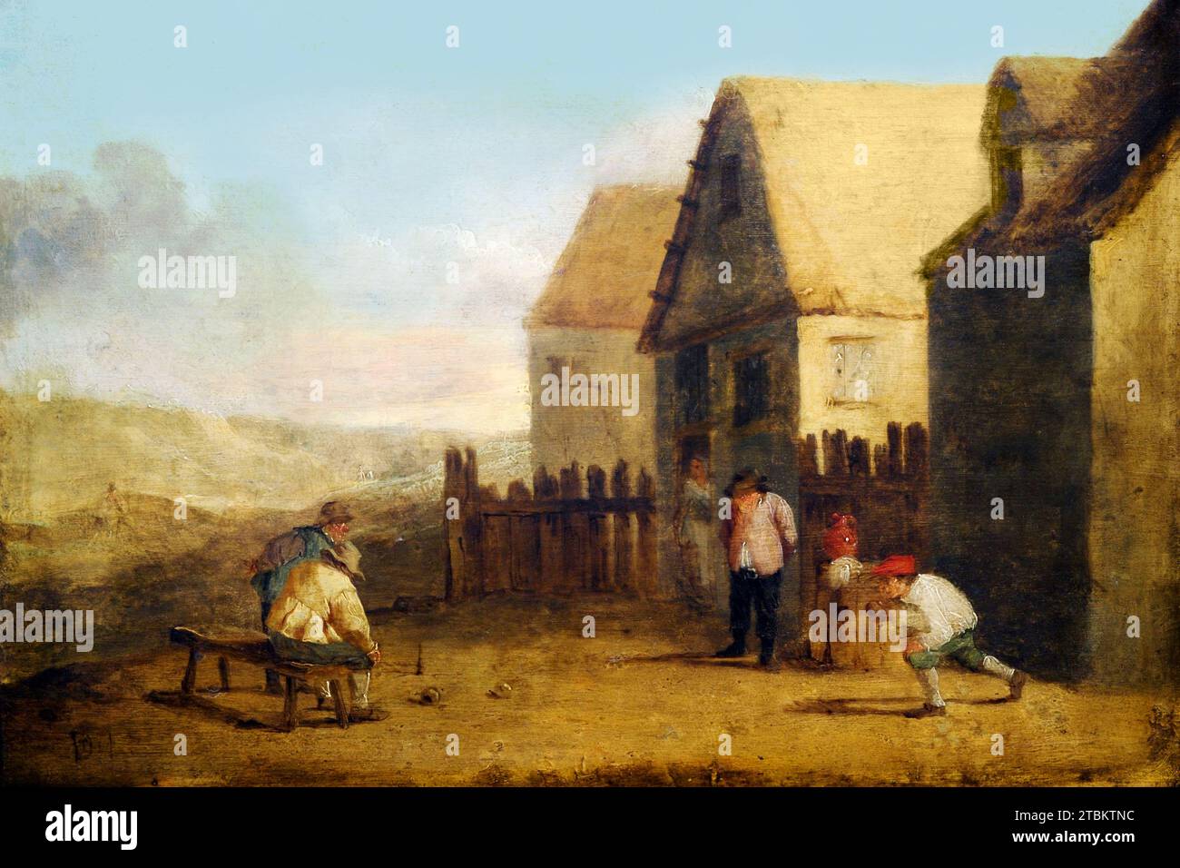 Peasants bowling in front of a tavern - oil painting in the Style of David Teniers the Younger (1610-1690). Stock Photo
