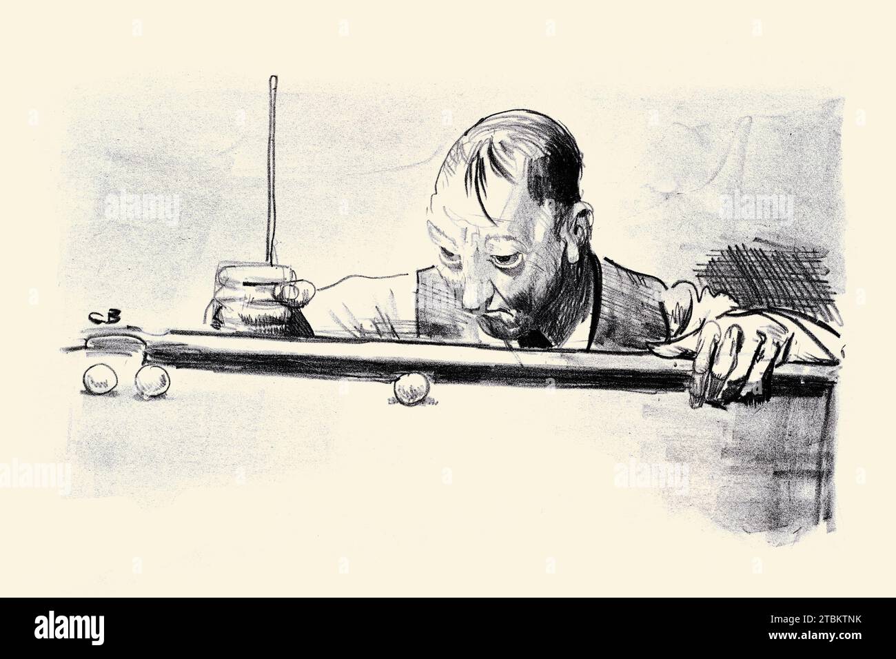 '''Murphy Playing Pool II.'' Fascinated by baseball and outdoor sports, the artist understood that recreation could be found in many forms. Here the bleary-eyed player develops a foolproof strategy for a difficult shot. Bellows was familiar with the billiard rooms of the Players Club on Gramercy Park, New York, as well as those of the National Arts Club, and the Salmagundi Club. (Mason)  George Bellows (1882-1925)' Stock Photo