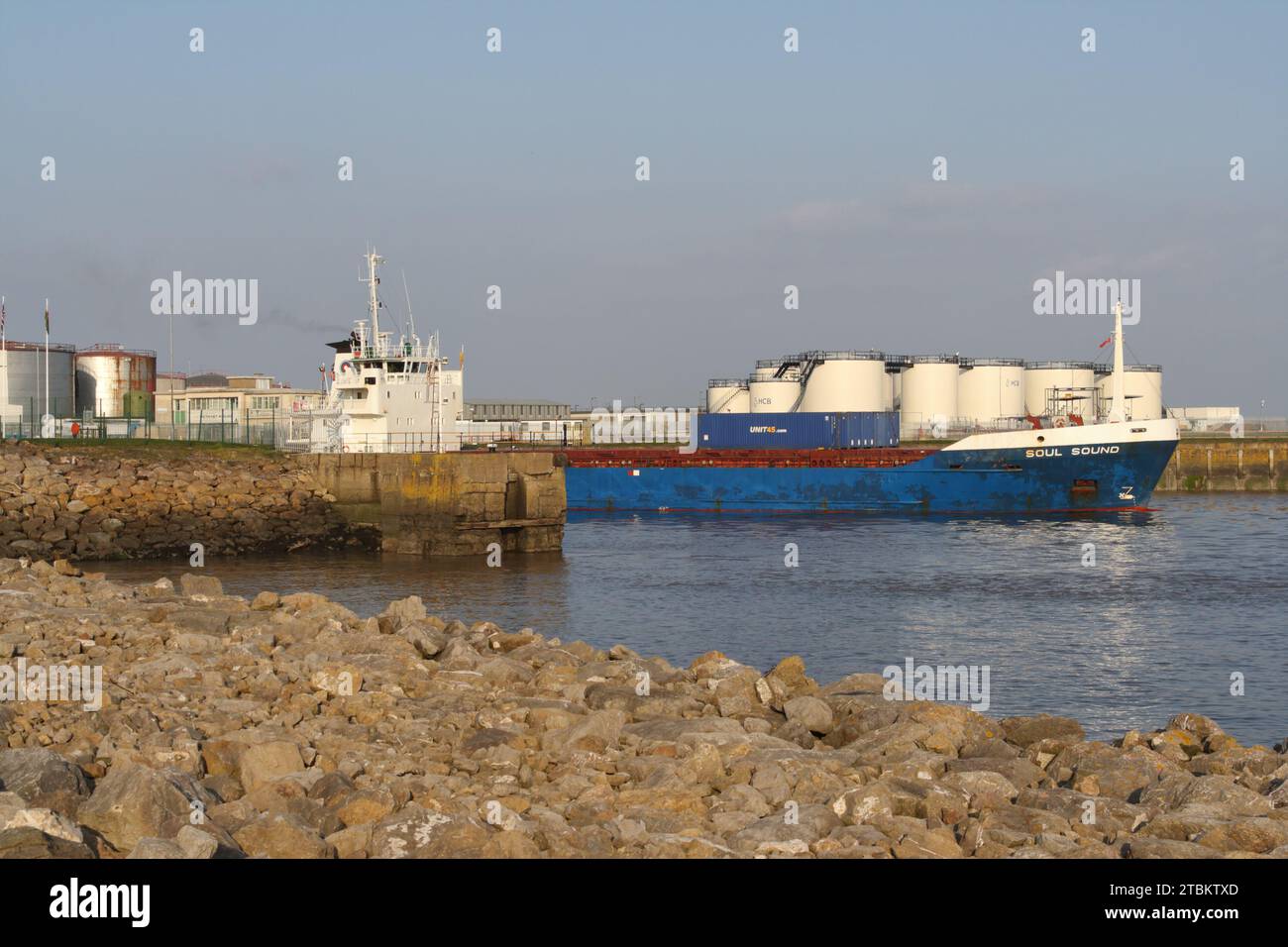 Small Cargo vessel Soul Sound leaving Cardiff Docks Wales UK Coastal Shipping, Welsh coastline, British coast maritime transport Stock Photo