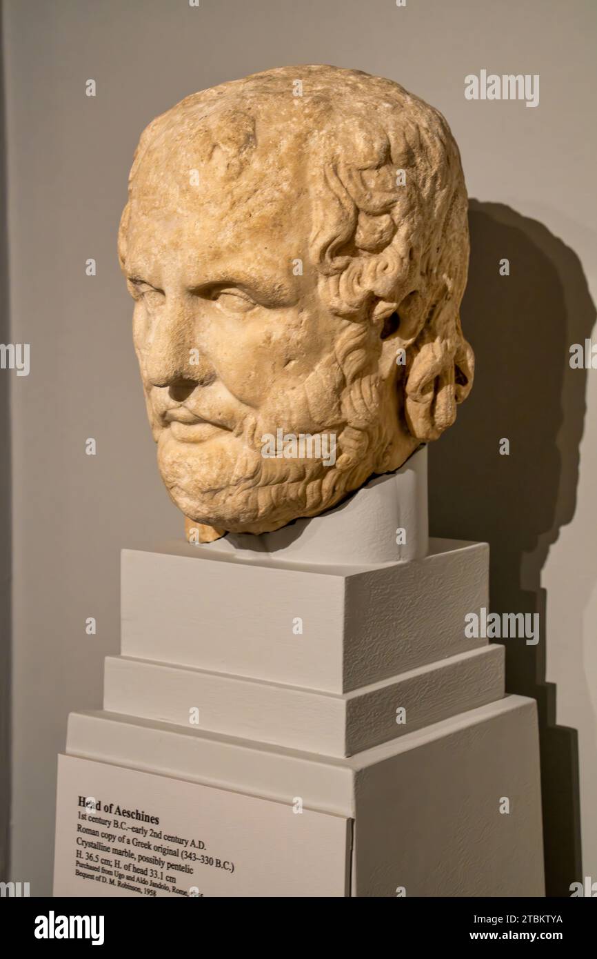 The head of a statue of Aeschines in the University Museum on the campus of the University of Mississippi, Ole Miss, in Oxford, Mississippi. Stock Photo