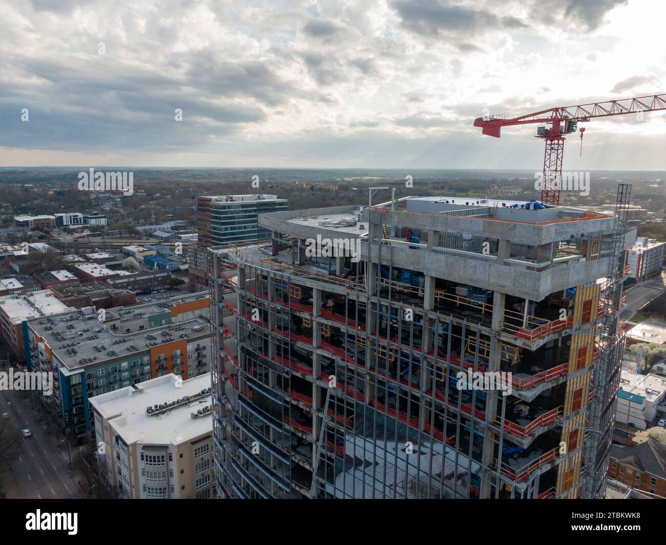 Drone images of downtown Raleigh NC skyline and high rise construction