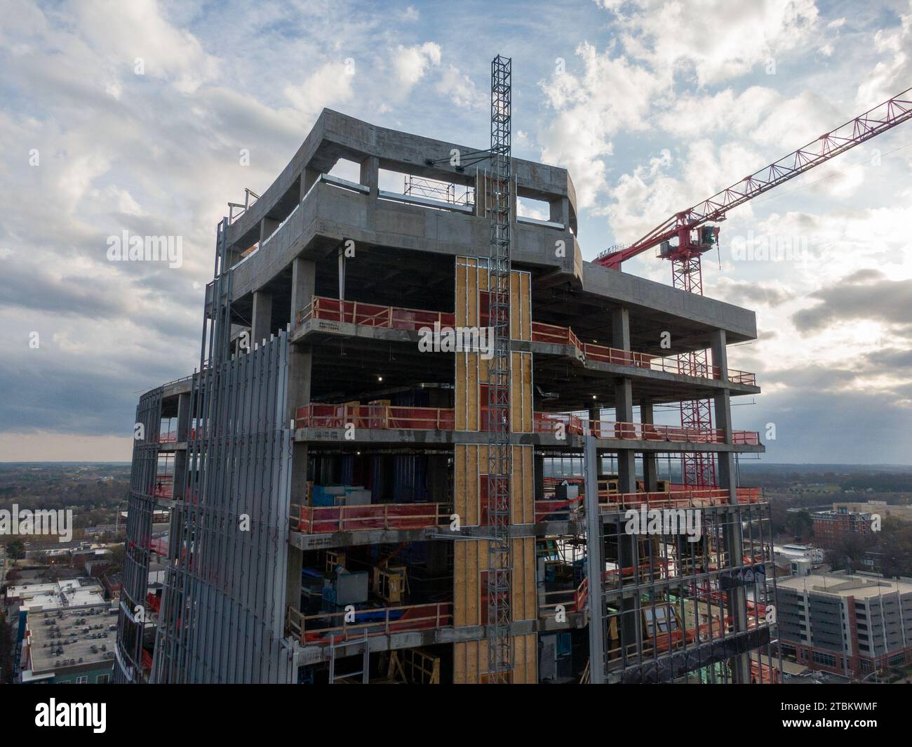 Drone images of downtown Raleigh NC skyline and high rise construction