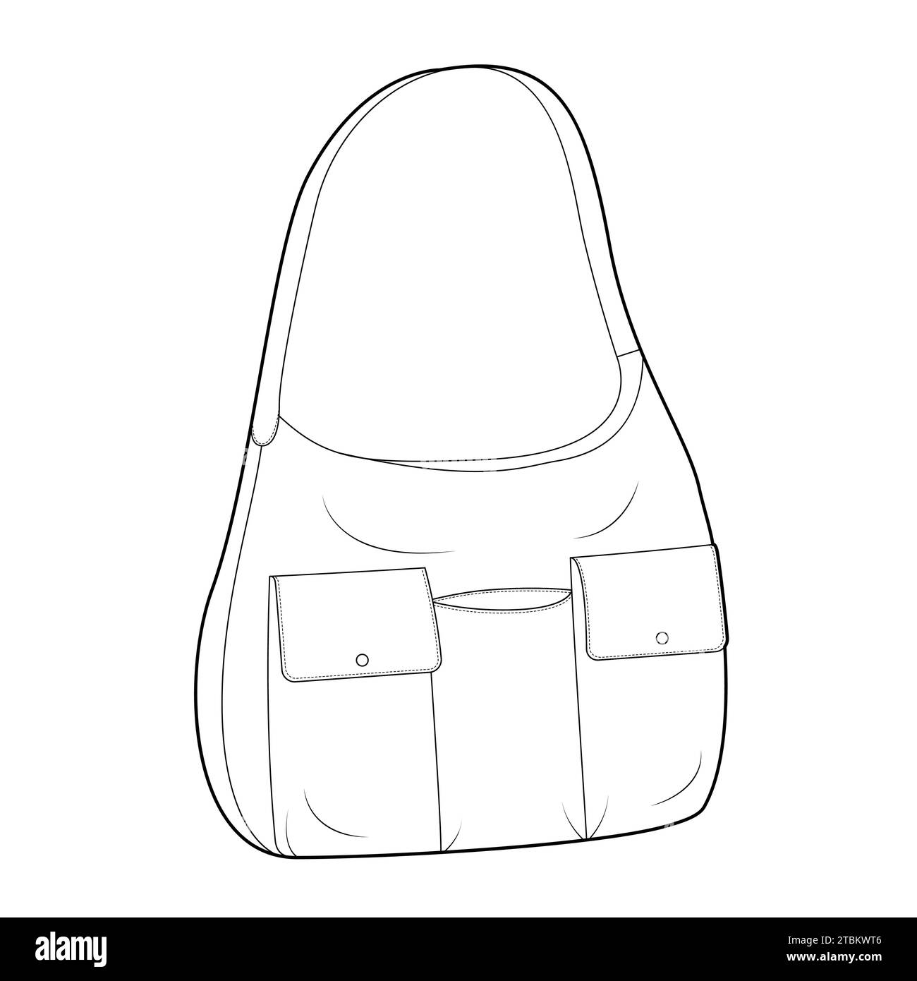 Multi-Compartment Bag with front pockets hobo silhouette. Fashion accessory technical illustration. Vector satchel front 3-4 view for Men, women style, flat handbag CAD mockup sketch outline isolated Stock Vector