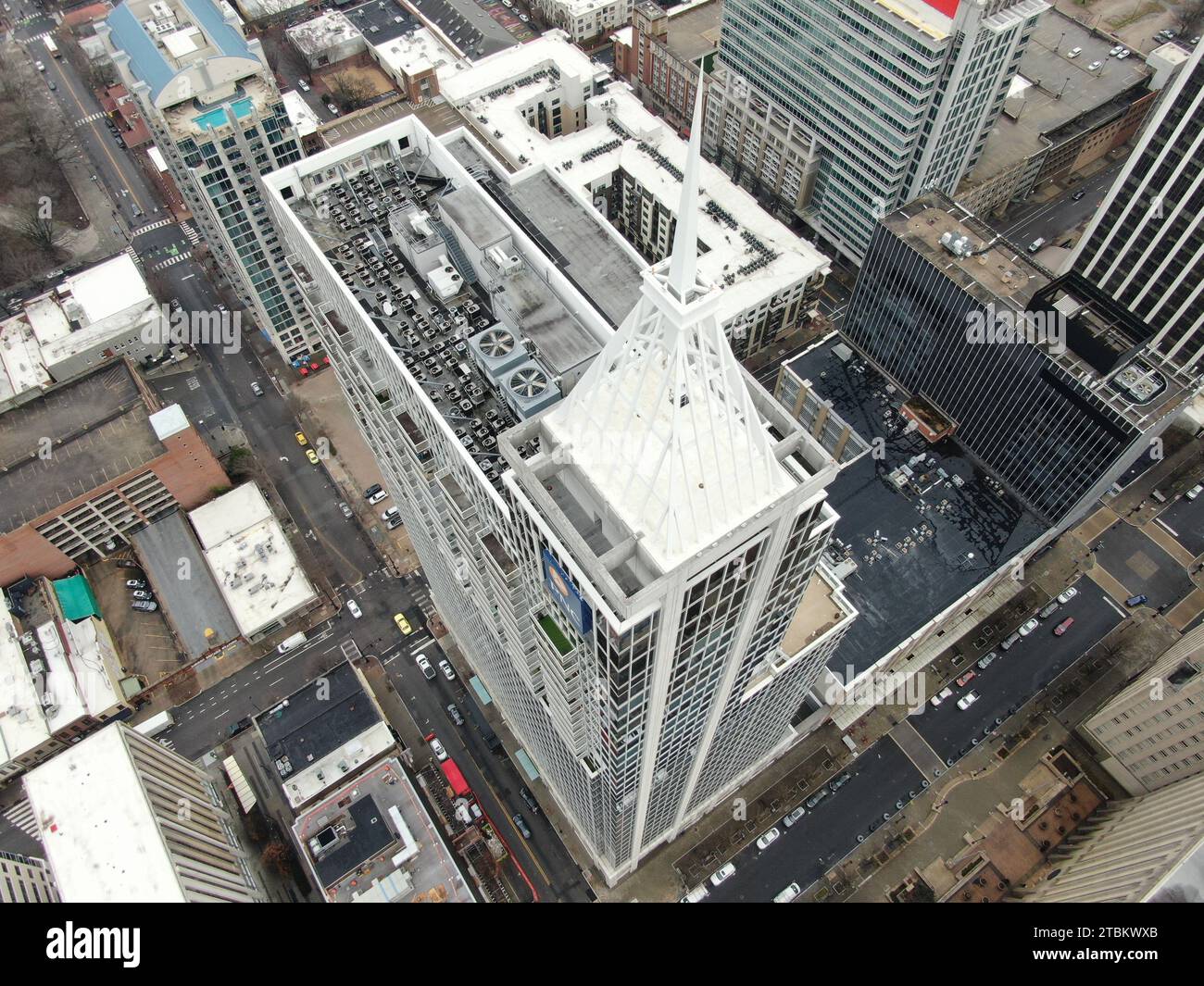 Drone images of downtown Raleigh NC skyline and high rise construction