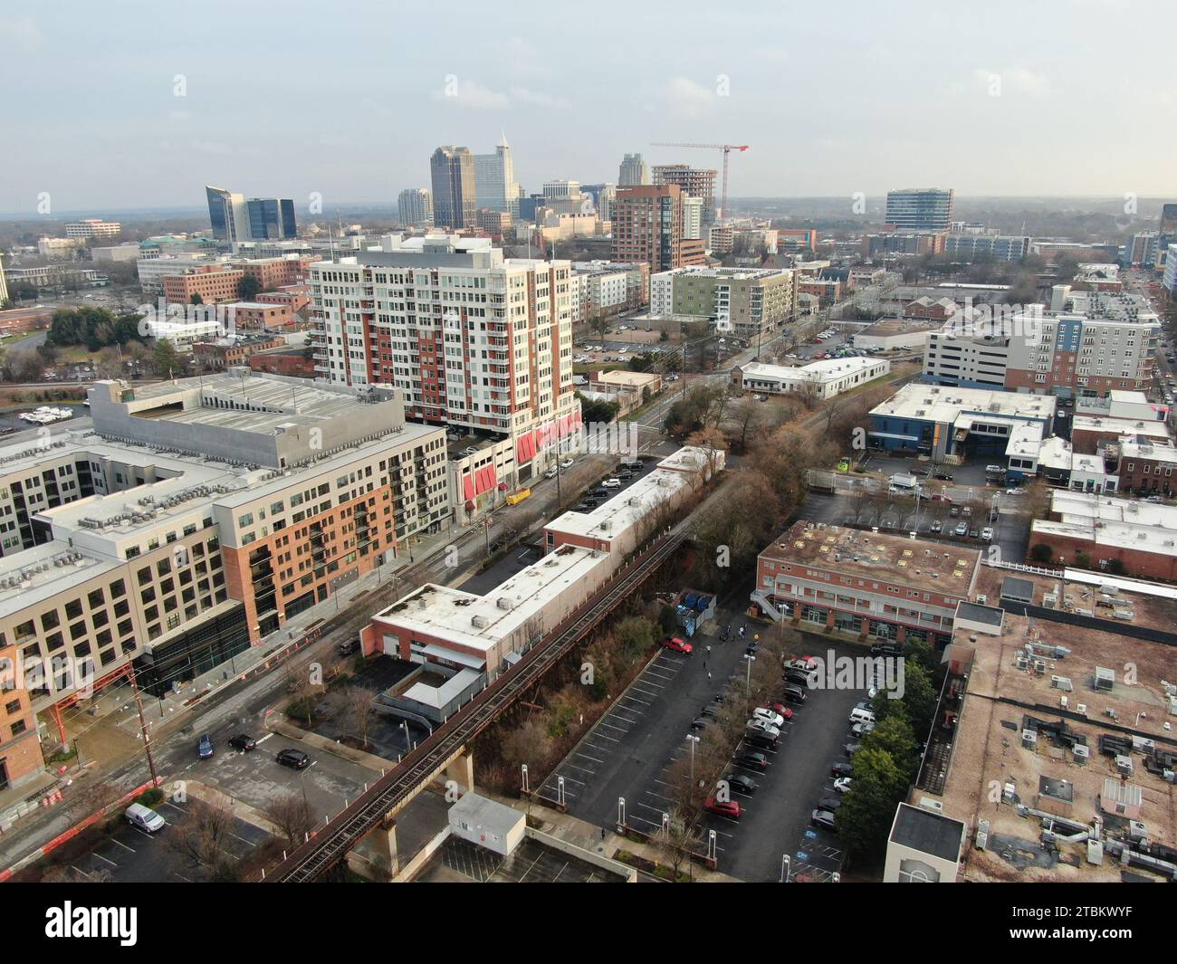 Drone images of downtown Raleigh NC skyline and high rise construction