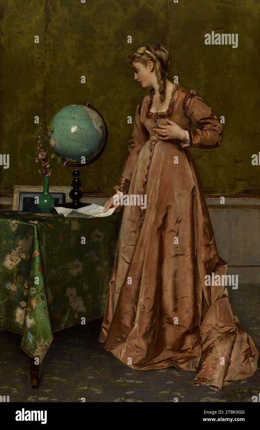 News from Afar, mid 1860s. Stevens depicted domestic interiors, in which he meticulously recorded the latest fashions in dress and furnishings. Here, a young woman, who has apparently just received news from a loved one far away, clutches at her heart. Stock Photo