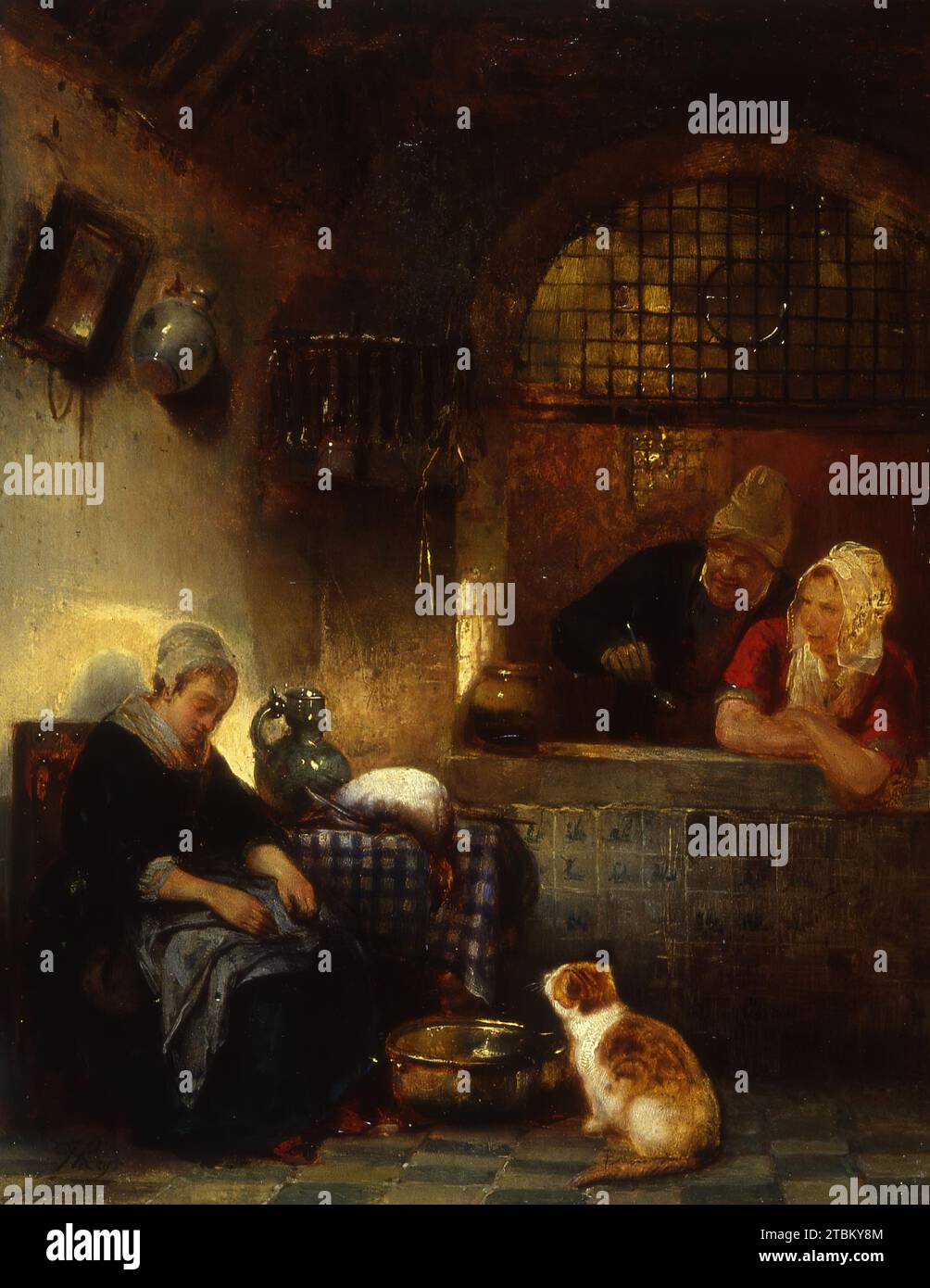 Dutch Interior, c1840. A servant girl has been found asleep by an older couple. Beside her, on a table covered with a checked cloth, is an unplucked dead goose and a large stoneware pitcher; at her feet waits a hungry cat beside a large copper basin. The artist has enriched the kitchen setting with such details as the broken mirror and the ceramic vase suspended from wall pegs, a large wooden-slatted bird-cage, and a wainscot of Delft tiles. Stock Photo