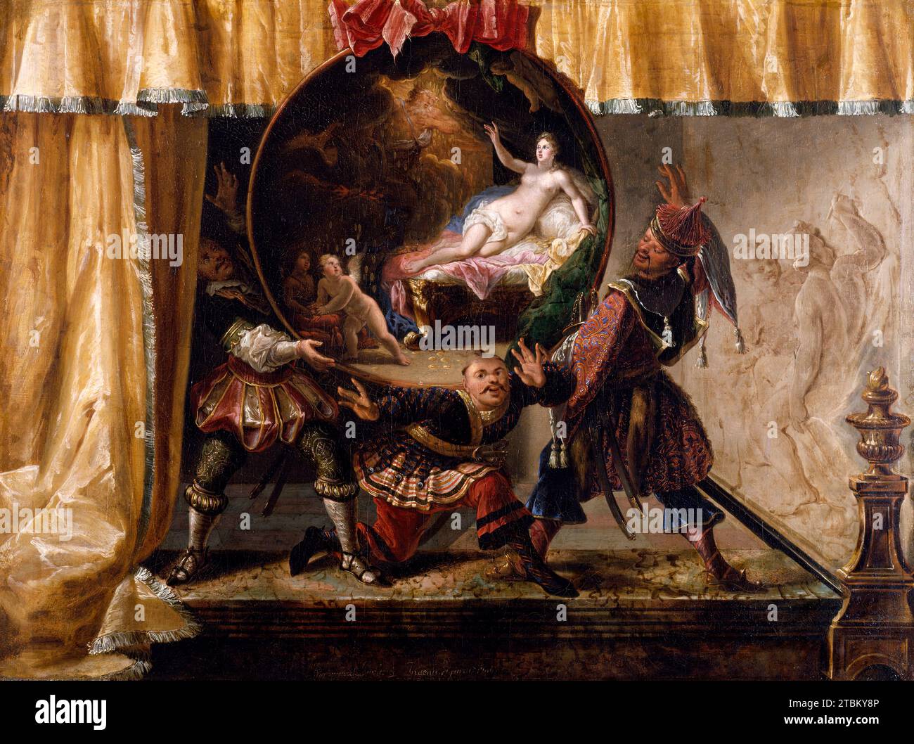 Painted Fire Screen, 1700. Originally mounted as a screen to cover a fireplace during warm weather, in this exotic painting the artist has transformed the hearth into a miniature stage. Three fanciful Chinese characters hold aloft a circular screen on which is depicted the mythological story of Zeus showering Dana&#xeb; with gold. A pair of figures, painted in grisaille on the side wall, incise their names on a tree trunk, a motif symbolizing eternal love. The fire screen is the earliest recorded work of Vigoureux Duplessis, an artist who was associated with decorative projects for the Paris O Stock Photo