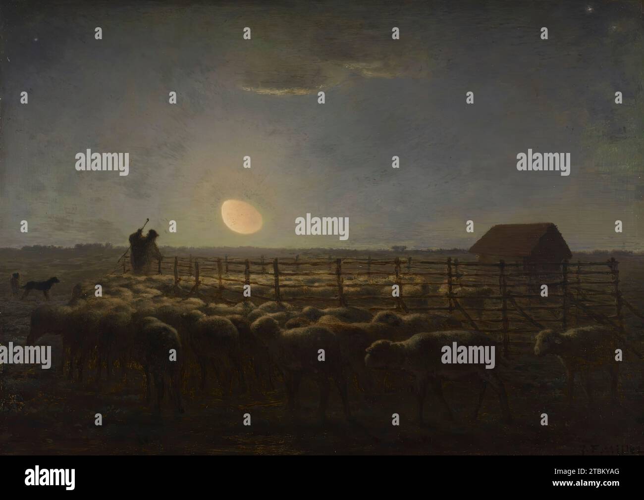 The Sheepfold, Moonlight, 1856-1860. In this nocturnal scene, the waning moon throws a mysterious light across the plain extending between the villages of Barbizon and Chailly. Millet was recorded as saying of the solitary shepherd: Stock Photo