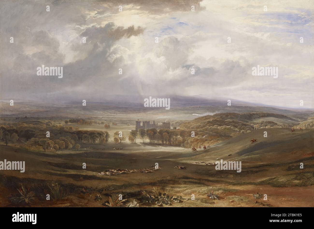 Raby Castle, the Seat of the Earl of Darlington, 1817. Before he painted Romantic subjects drawn from classical, biblical, literary, and contemporary sources, Turner specialized in topographical views. This work, commissioned by the third earl of Darlington, is one of Turner's most successful &quot;house portraits.&quot; It is also one of the first works in which he fully exploits the dramatic potential of the sky. The earl, an avid sportsman who reportedly hunted six days a week, may have influenced Turner's rendering of the scene. When the painting was first exhibited at the Royal Academy in Stock Photo