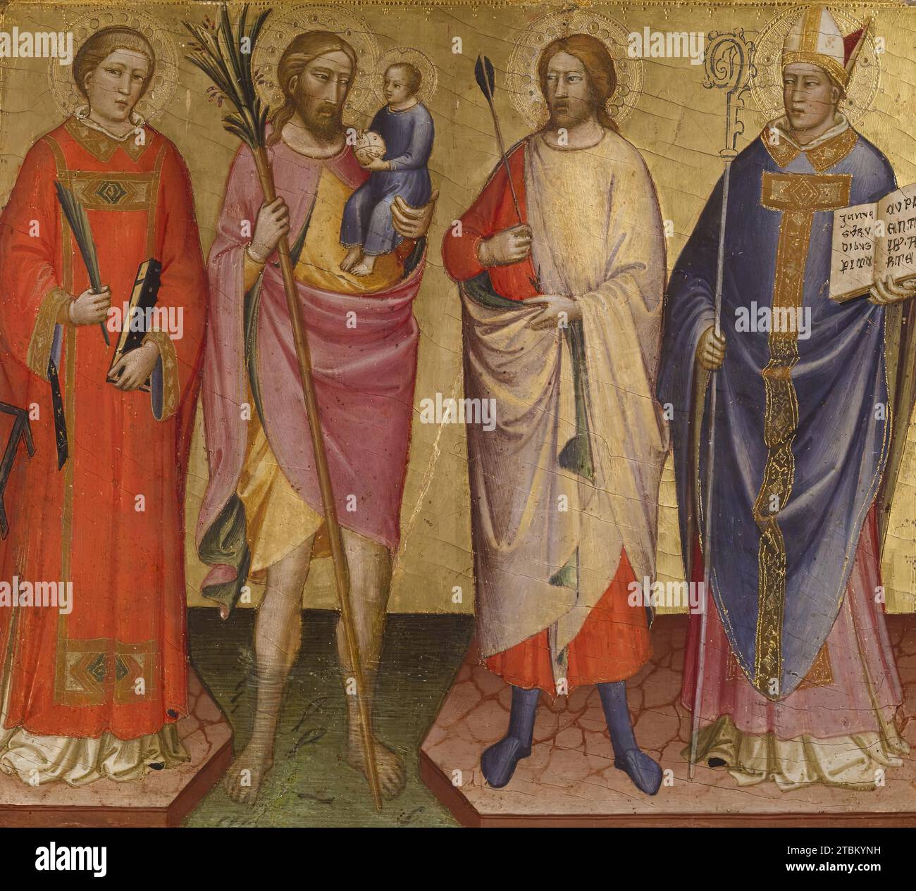 Saints Lawrence, Christopher, Sebastian, and a Bishop Saint, 1420-1430. This painting is one of a series of similar panels that perhaps once formed the wings of a painted reliquary. The relics contained therein would have been those of the saints portrayed on the wings. On this panel, St. Lawrence and St. Sebastian are identified by the instruments of their martyrdom: the gridiron for Lawrence and the arrow for Sebastian. St. Christopher is portrayed ferrying the Christ child across the river as dictated by his legend. Stock Photo
