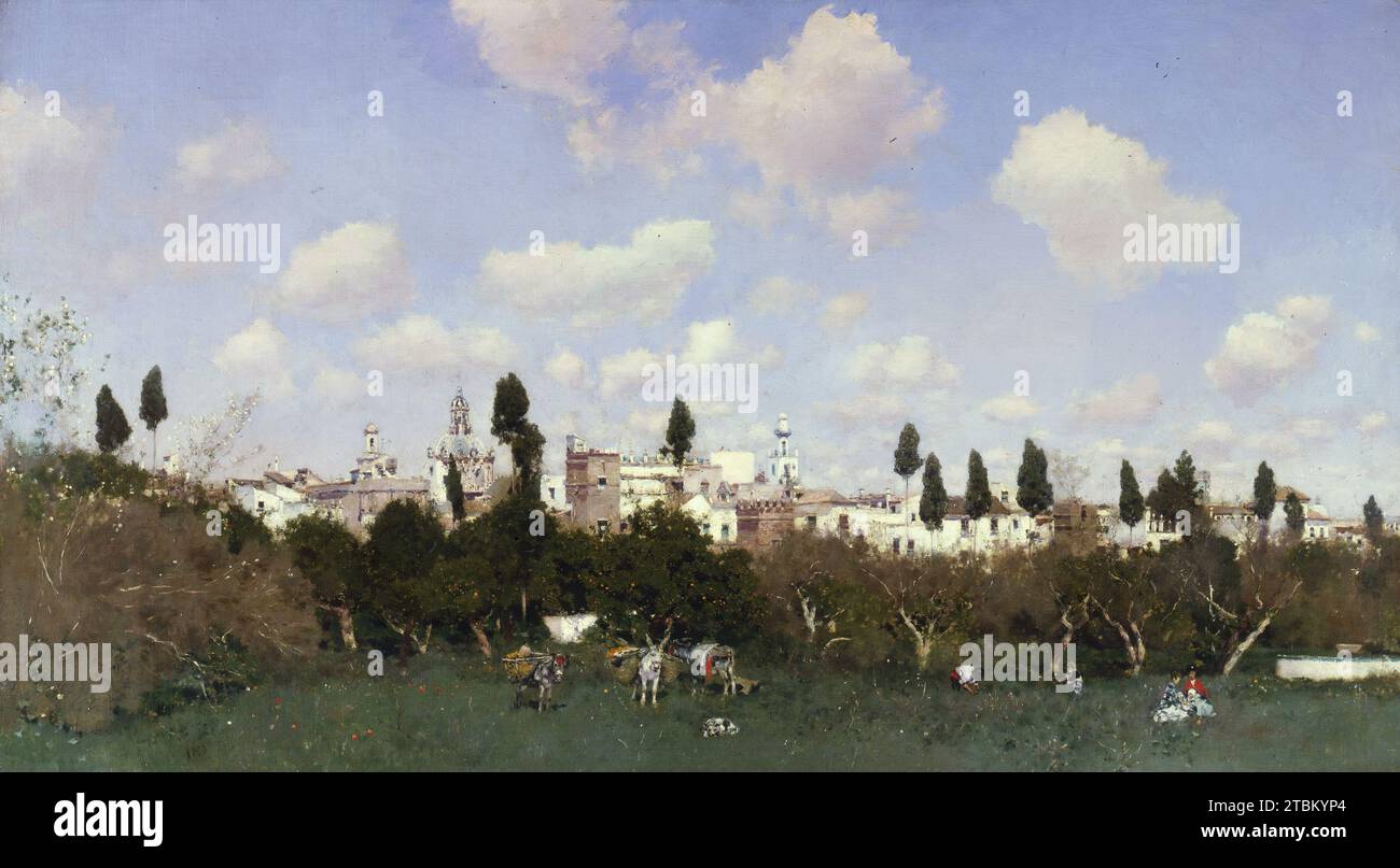 La Huerta del Retiro, Seville, 1875. In 1859, Rico received a scholarship to study in France. Rejected as a pupil by Daubigny, Rico turned to sketching outdoor river scenes near Paris on his own. He was encouraged in these pursuits by Alexandre Calame, the Swiss view-painter, and was later befriended by Camille Pissarro. His art, however, reflected the influence of the light-drenched landscapes of his countryman Mariano Fortuny more than the works of the impressionists. Stock Photo