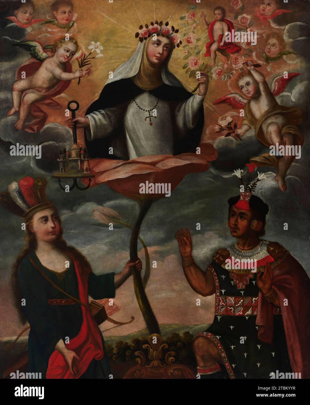 An Allegory of Saint Rose of Lima, c1730-1760. This is an allegorical painting of Saint Rose of Lima (1586-1617), the first American-born saint, flanked by two adult figures below, and by the Infant Jesus and flying angels and seraphim above. The work draws very directly on the engraved frontispiece of a 1511 collection of sonnets on St. Rose&#x2019;s life by the Spanish writer Luis Antonio de Oviedo y Herrera. In that engraving, the saint, as in this painting, appears to sprout from a rose, and holds a halo of roses in one hand in which appears the baby Jesus. Her other hand holds an anchor, Stock Photo