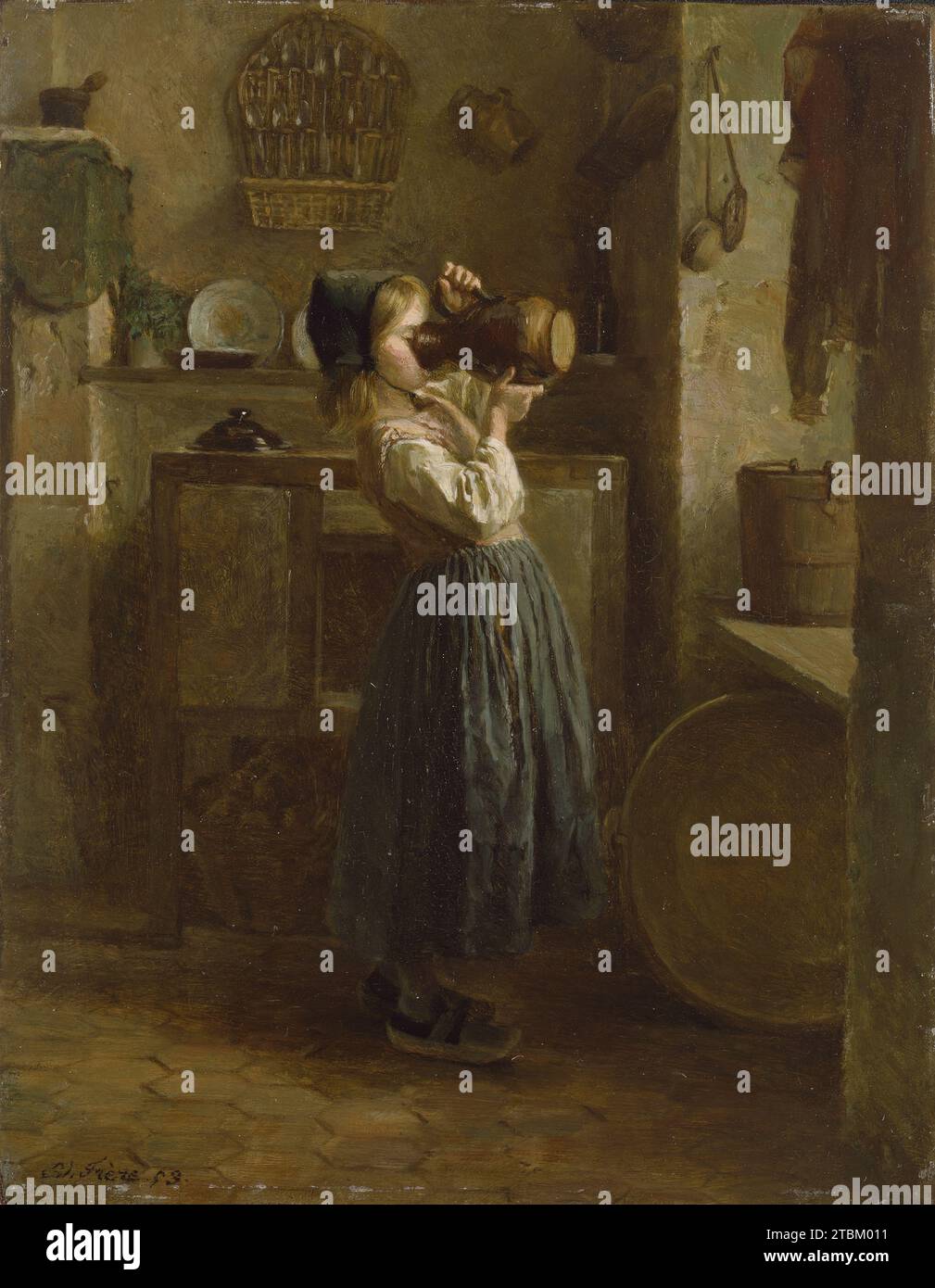 Helping Herself, 1859.  A young girl stands in a larder drinking milk directly from a pitcher. Light from a window at the right illuminates the interior, revealing various utensils, including a rack of pewter spoons hanging on the back wall, a shelf of dishes, a cupboard, a wooden dairy bucket, and several strainers. The floor is laid in earthenware hexagonal tiles. Stock Photo