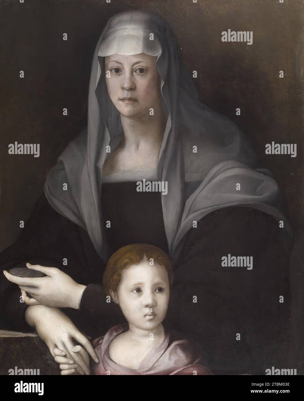 Portrait of Maria Salviati de' Medici and Giulia de' Medici, c1539. Maria Salviati was the widow of famous military leader Giovanni delle Bande Nere de&#x2019; Medici (d. 1526) and the mother of Cosimo I (1519&#x2013;1574), grand duke of Tuscany. The little girl holding her hand here is surely Giulia, a Medici relative who was left in Maria&#x2019;s care after the murder of the child&#x2019;s father, Duke Alessandro de&#x2019; Medici (1511&#x2013;1537). Stock Photo