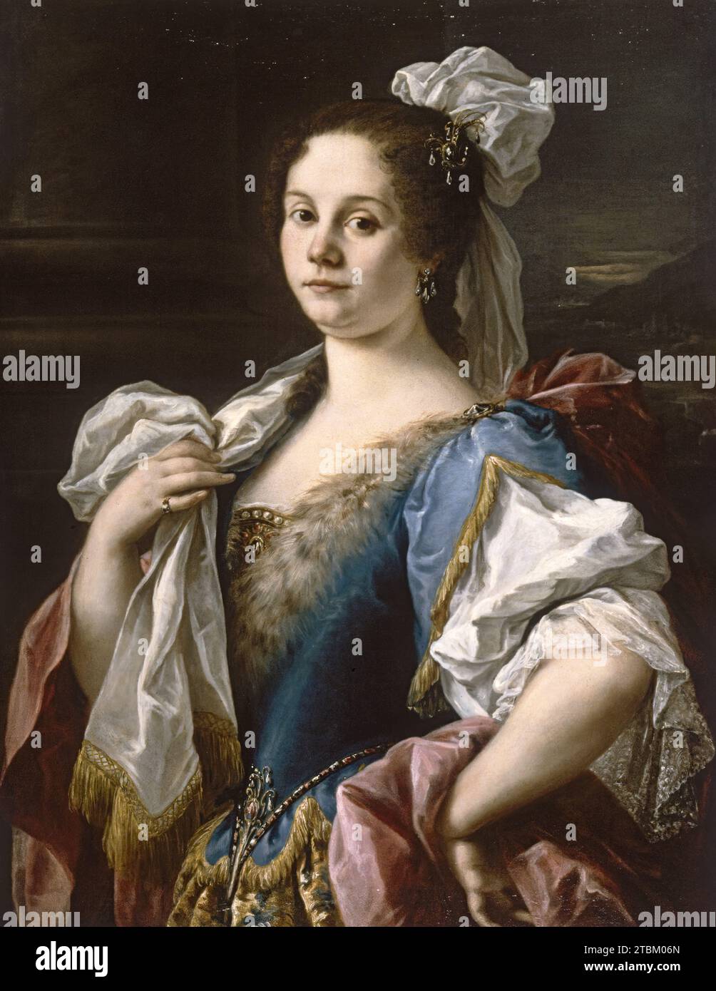 Portrait of a Noblewoman, c1750. Turning her gaze towards the spectator with one hand resting on her hip, this noblewoman has a stately, matronly appearance that is intended to express personal discipline and dignity. Her lavish costume - with a scarf tied to her hair, a brocade dress set with pearls and a feather, and jeweled pendants - communicates her social status, as does the column, suggestive of a palatial setting, a compositional device developed during the 16th century to communicate aristocratic status. Stock Photo