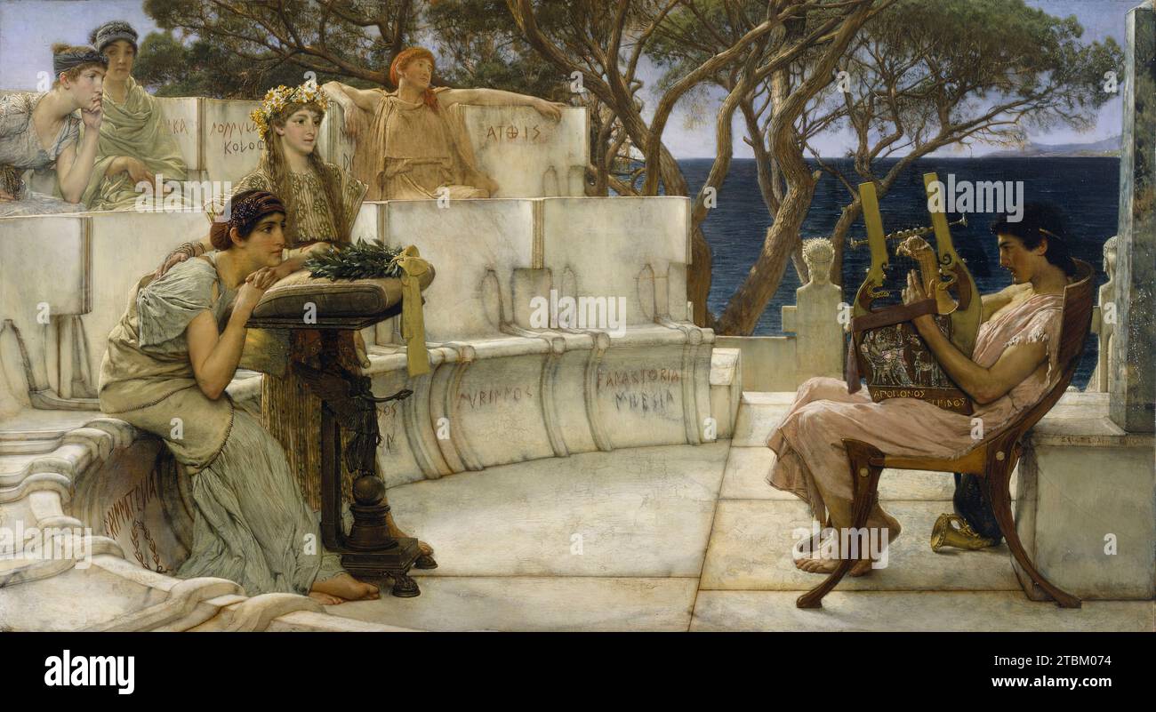 Sappho and Alcaeus, 1881. In 1870, the Dutch-born, Belgian-trained artist Alma-Tadema moved to London, where he found a ready market among the wealthy middle classes for paintings re-creating scenes of domestic life in imperial Roman times. In this work, however, he turns to early Greece to illustrate a passage by the ancient Greek poet Hermesianax (active ca. 330 BC) preserved in Atheneaus, Deipnosophistae, &quot;Banquet of the Learned,&quot; book 2, line 598. On the island of Lesbos (Mytilene), in the late 7th century BC, Sappho and her companions listen rapturously as the poet Alcaeus plays Stock Photo