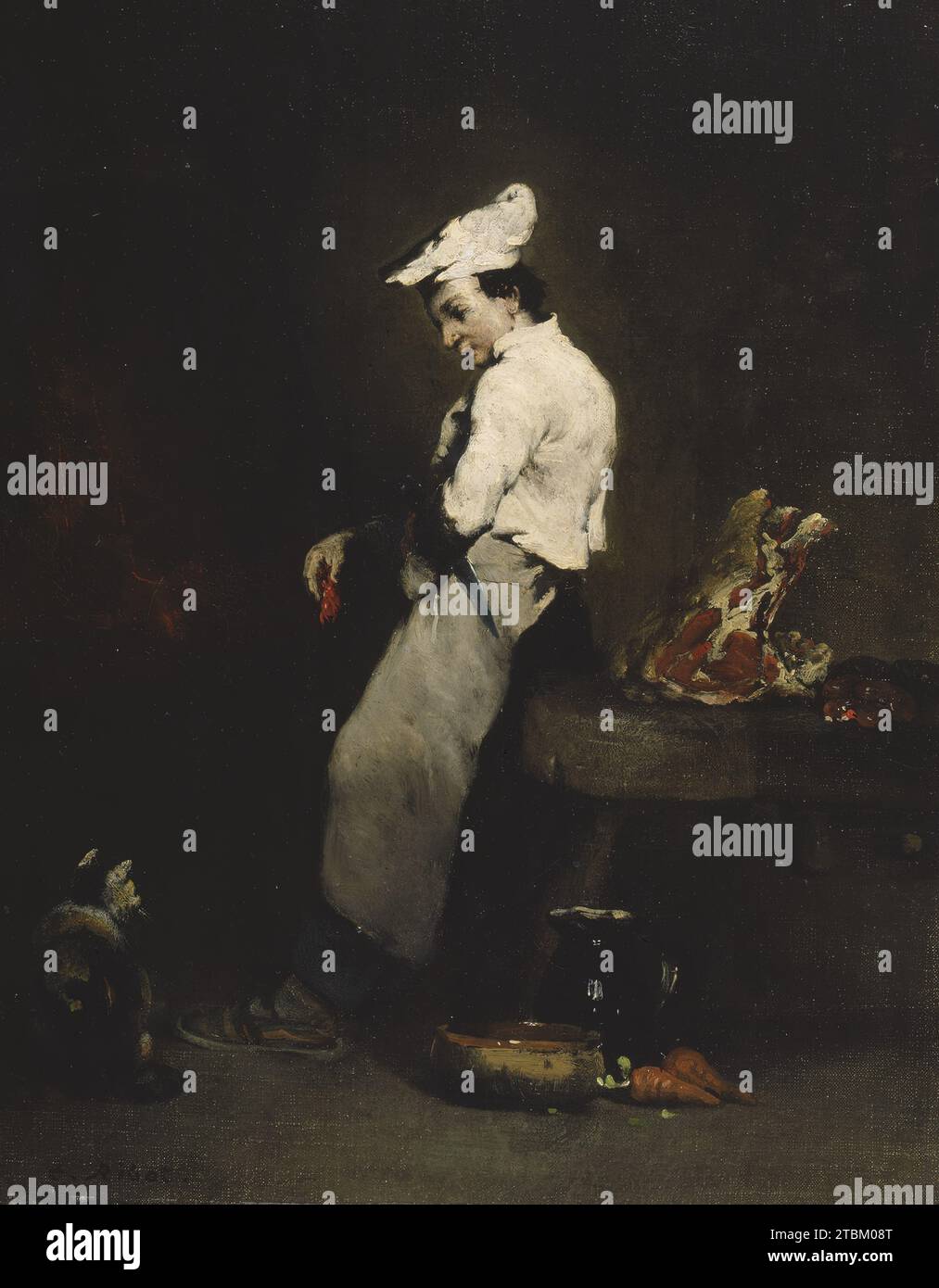 The Young Cook, 1855-1870. In this small painting, a butcher boy tempts a cat with a slice of meat. This work typifies the kitchen scenes that Ribot began to produce in the late 1850s. He often painted at night by candlelight, a fact that might have contributed to the limited range of colors and dramatic contrasts of light and shadow in his works. Like so many of his colleagues at this time, Ribot was influenced by Dutch, Spanish, and French 17th-century paintings in the Louvre Museum. Stock Photo