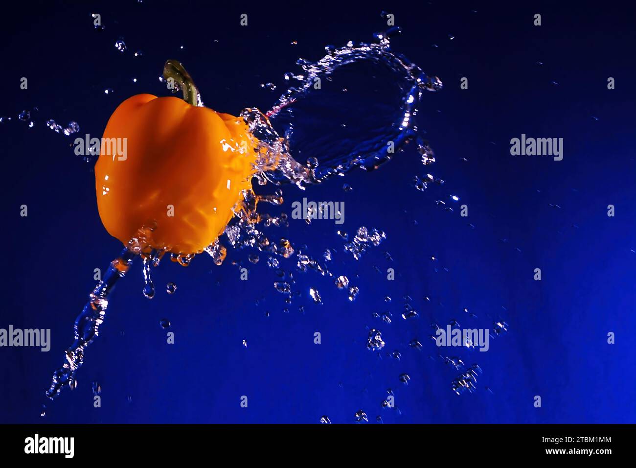 paprika fruit on a blue background splashed with water creates a splash Stock Photo