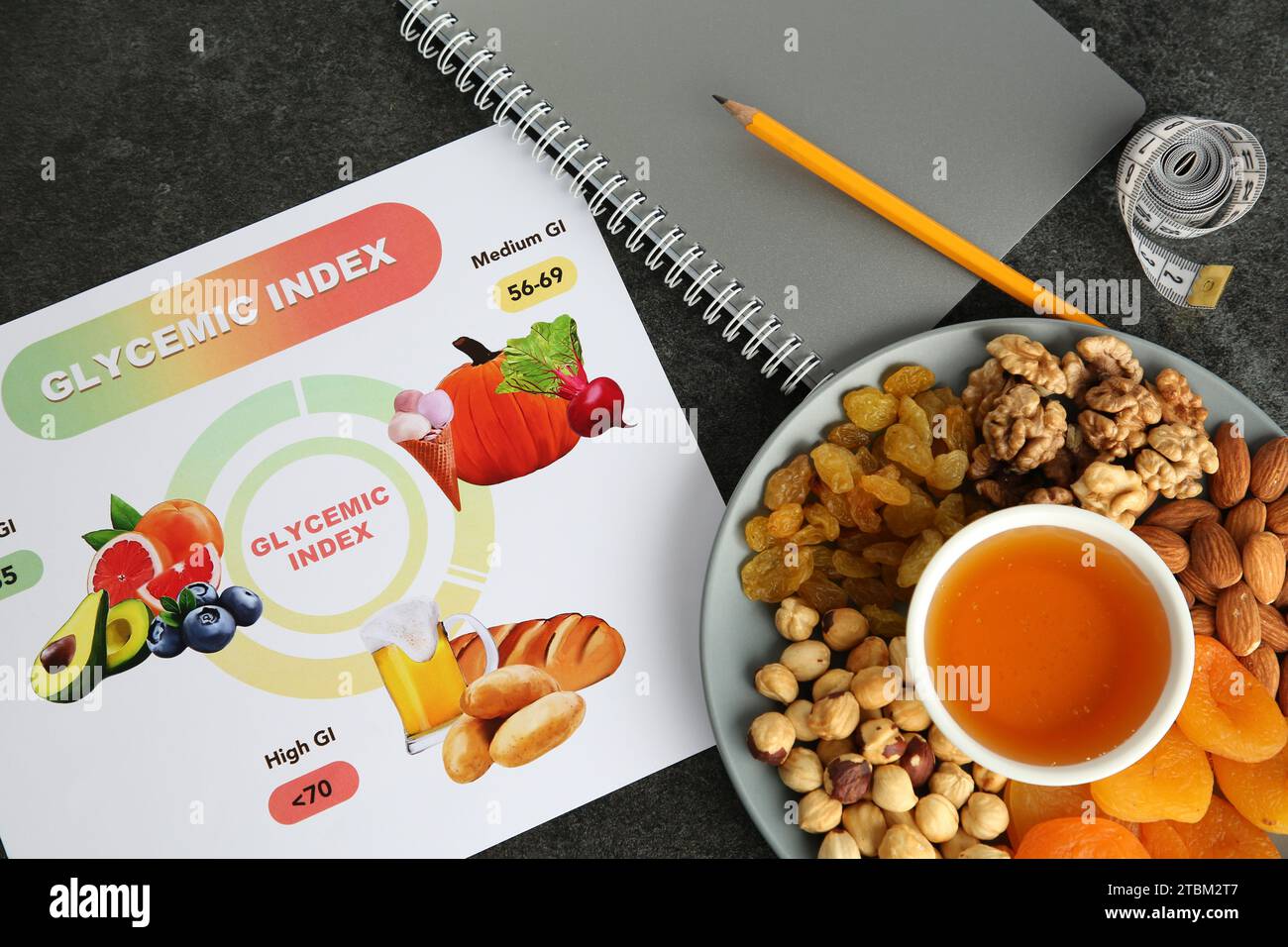 Flat lay composition with glycemic index chart and different products on grey table Stock Photo