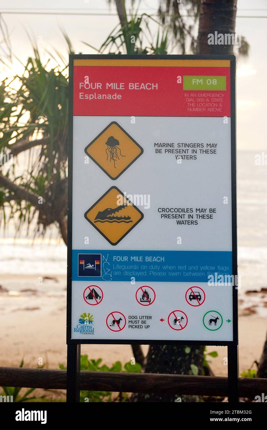 Warning of crocodiles and life-threatening jellyfish, danger, advice, sea, coast, Port Douglas, east coast, Queensland, Australia Stock Photo