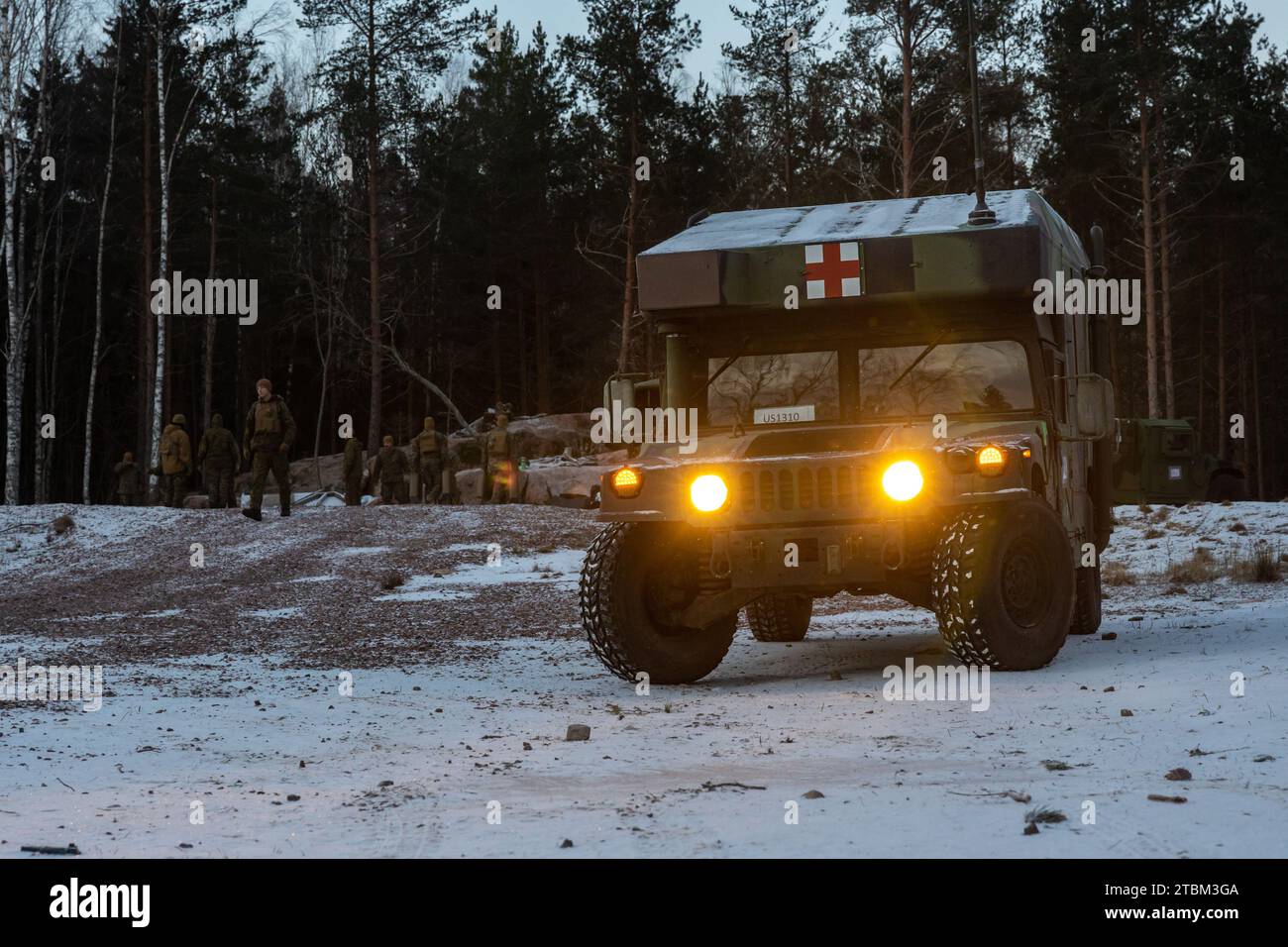 A U.S. Marine Corps M997A3 Humvee stages at the Shock Trauma Platoon’s medical tent location during exercise Freezing Winds 23 in Upinniemi, Finland, Nov. 26, 2023. FW23 is a Finnish-led maritime exercise in which United States Marines assigned to Marine Rotational Force- Europe, and U.S. Navy Forces Europe take part. The exercise serves as a venue to increase Finnish Navy readiness and increase U.S., Finland, and NATO partners and allies interoperability in operational logistics, integrated fires, and amphibious operations in and around Baltic Sea littorals. (U.S. Marine Corps photo by Lance Stock Photo