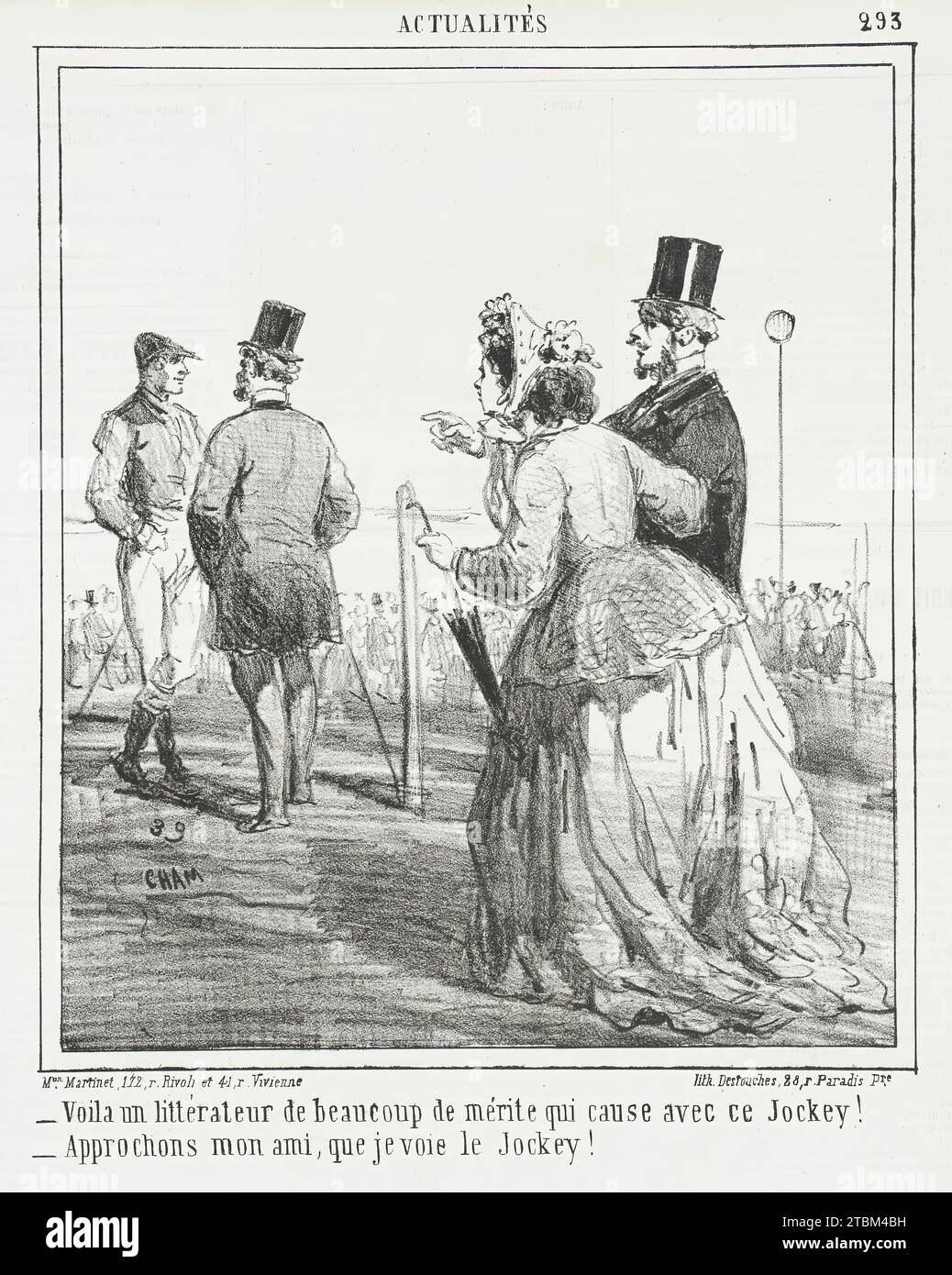 Voila un litt&#xe9;rateur de beaucoup de m&#xe9;rite qui cause avec ce Jockey! -Approchons mon ami, que je voie le Jockey!, 1865. From Actualit&#xe9;s. Stock Photo