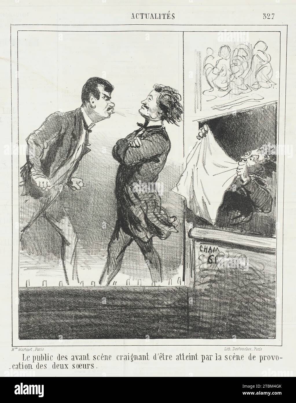 Le public des avant sc&#xe8;nes craignant d'&#xea;tre atteint par la sc&#xe8;ne de provocation des deux soeurs, 1865. From Actualit&#xe9;s. Stock Photo