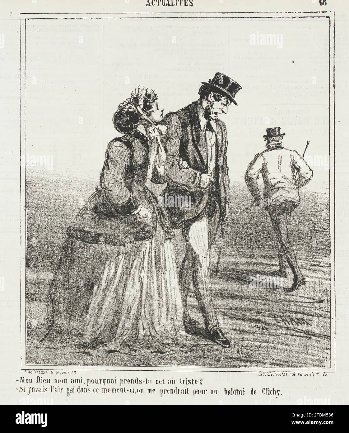 Mon Dieu, mon ami, pourquoi prends tu cet air triste? -Si j'avais l'air gai dans ce moment-ci, on me prendrait pour un habitu&#xe9; de Clichy, 1867. From Actualit&#xe9;s. Stock Photo