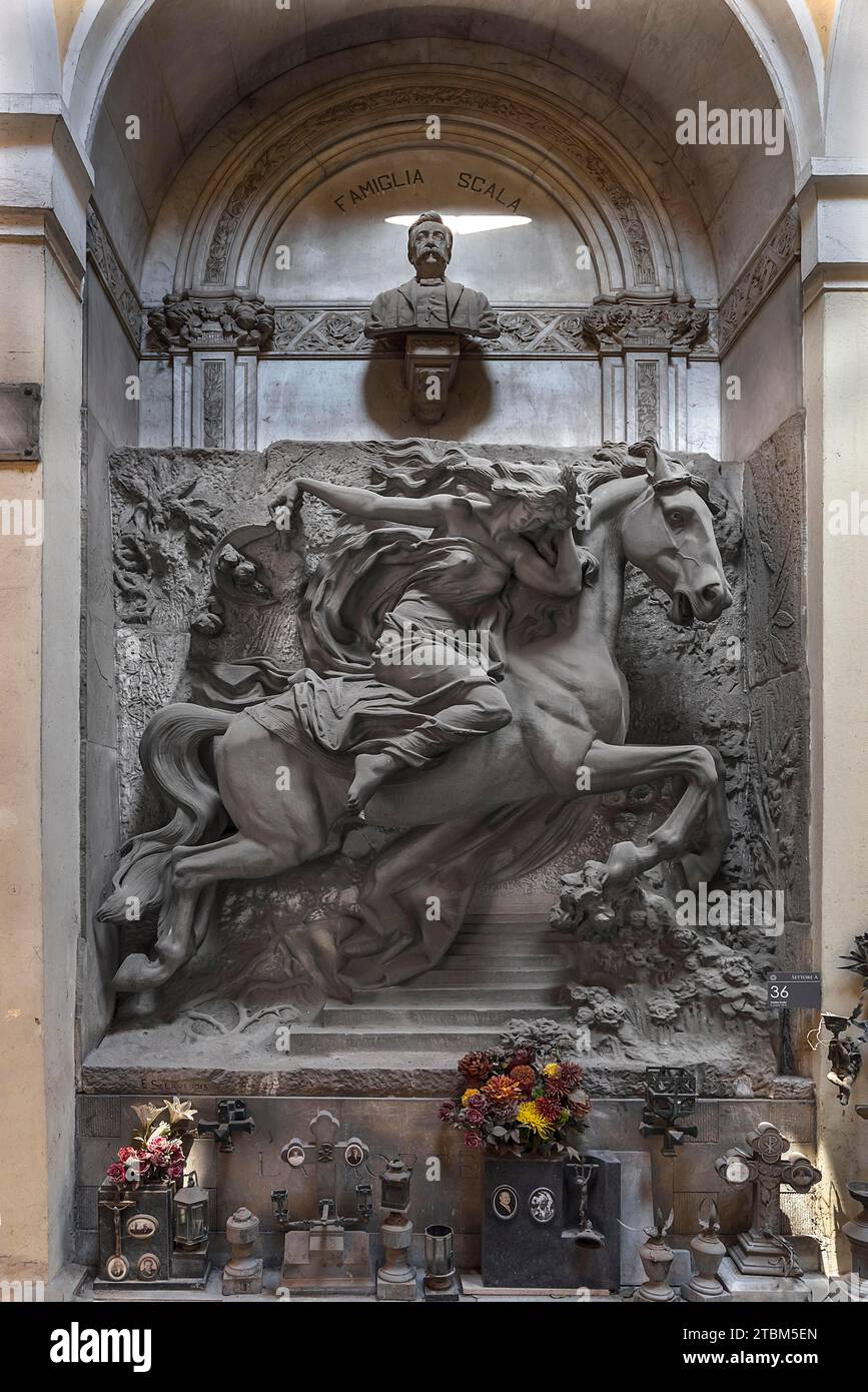 Monumental sculpture, young woman on a horse at a grave in the Monumental Cemetery, Cimitero monumentale di Staglieno), Genoa, Italy Stock Photo