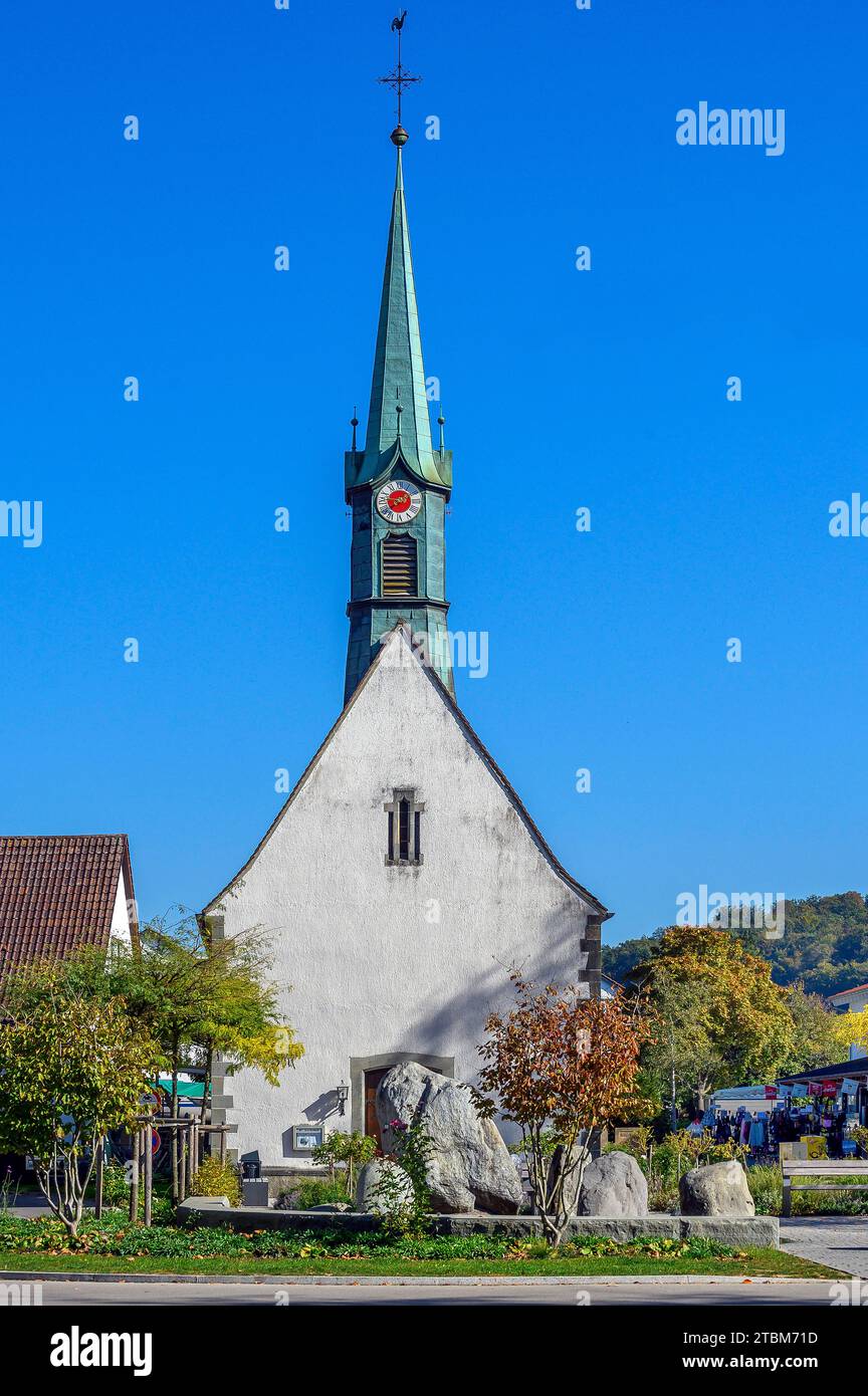 The church of St Quirinius with fountain in Unteruhldingen, Baden-Wuerttemberg, Germany Stock Photo