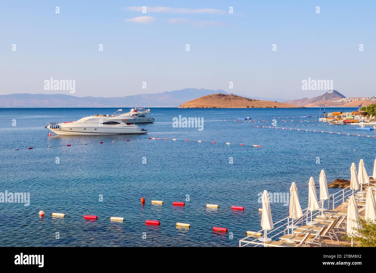 Beautiful Mediterranean coast with islands, mountains and yachts in the blue sea Stock Photo