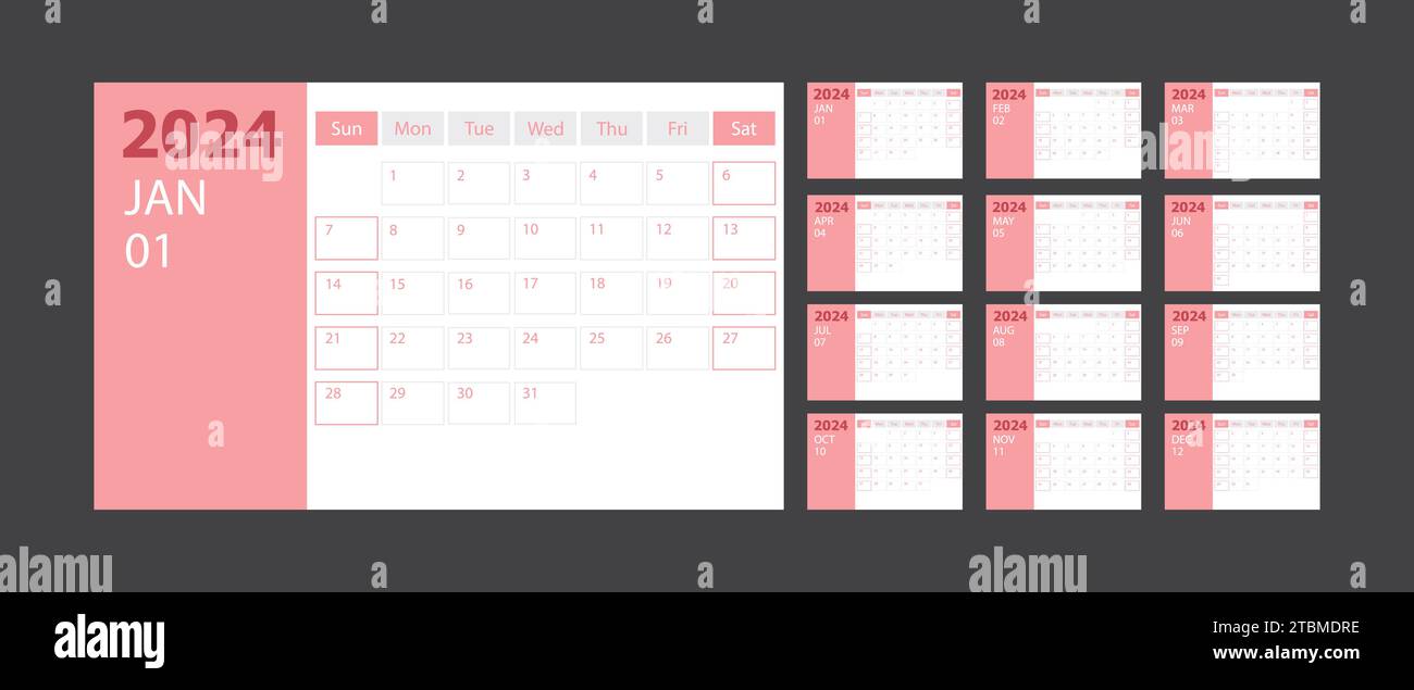 Calendar 2024 week start Sunday corporate design planner template with purple theme [Converted], stock vector Stock Vector
