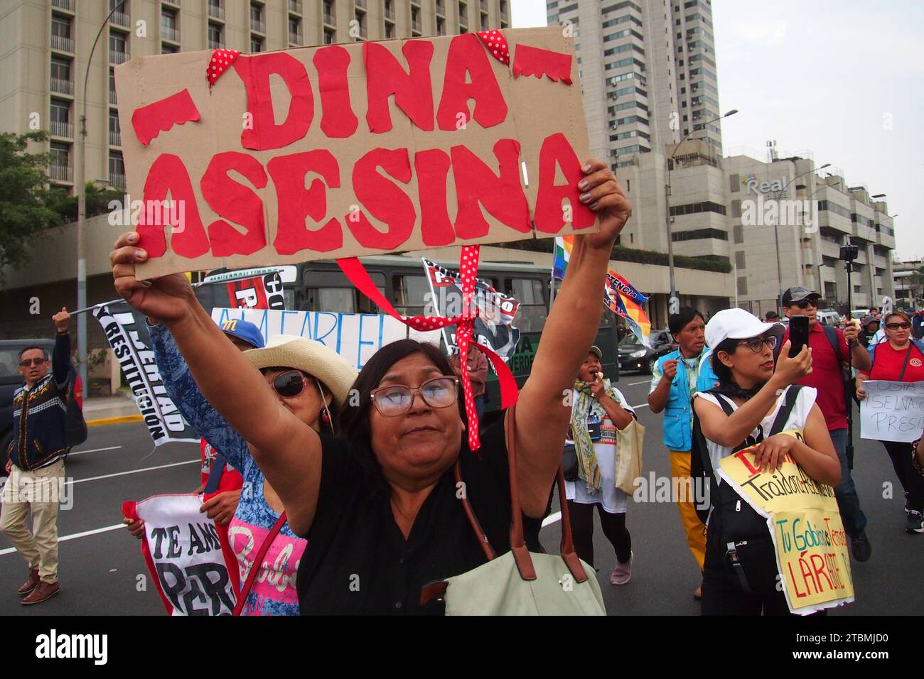 Lima, Peru. 07th Dec, 2023. 'Dina Assassin' can be read on a sign when at the end of Dina Boluarte's first year as president of Peru after the dismissal of Pedro Castillo, hundreds of protesters from social and political organizations, under the slogan “Get them all out”, took to Lima streets to demand the suspension and trial of the Attorney General, the closure of Congress and new general elections amid generalized corruption crisis. Credit: Fotoholica Press Agency/Alamy Live News Stock Photo