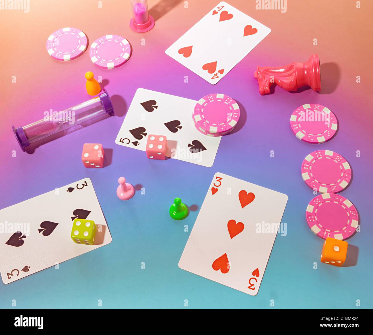 Game Night Top view Scene with Poker Chips, Playing Cards, Chess Pieces