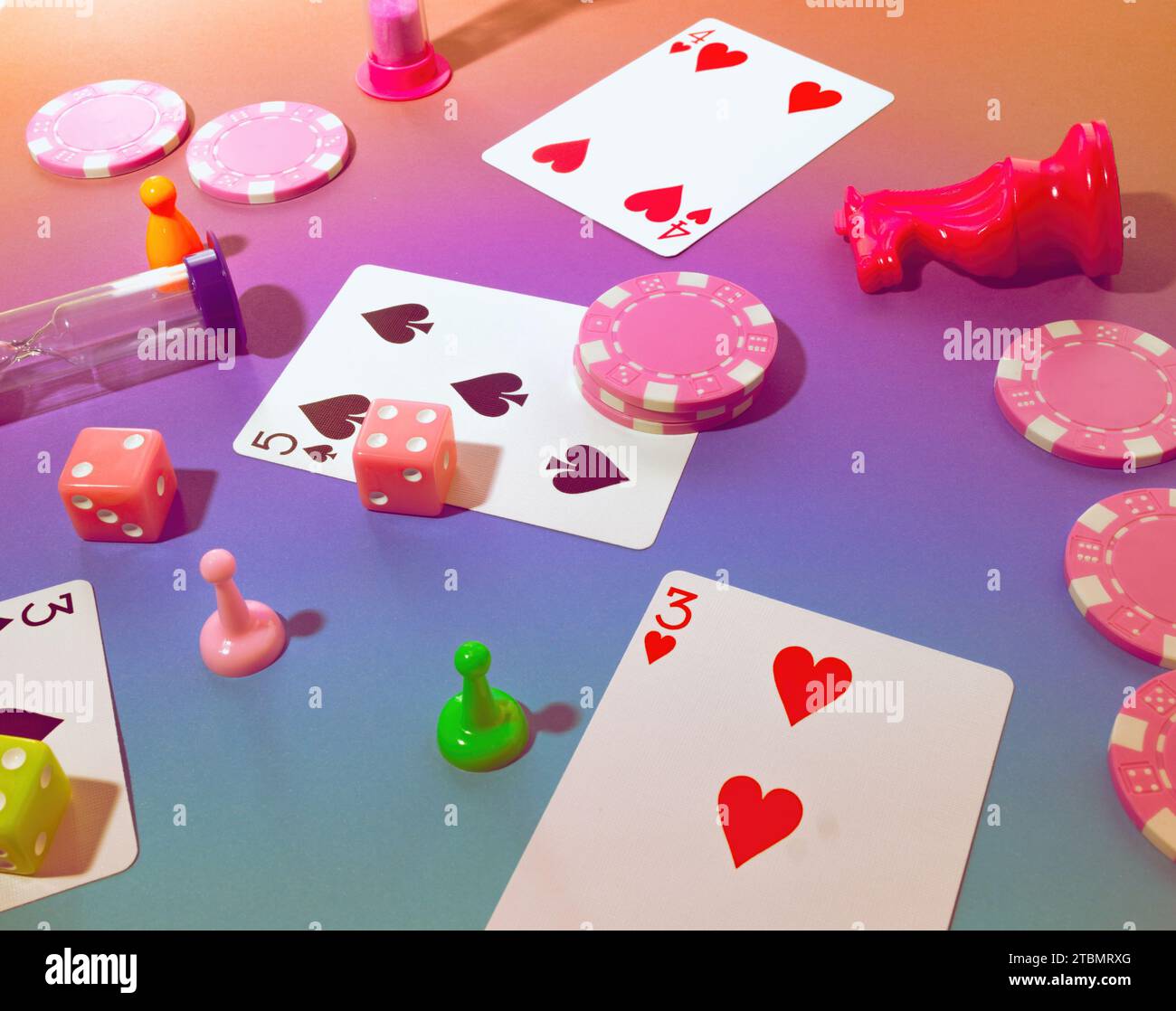 Game Night Top view Scene with Poker Chips, Playing Cards, Chess Pieces