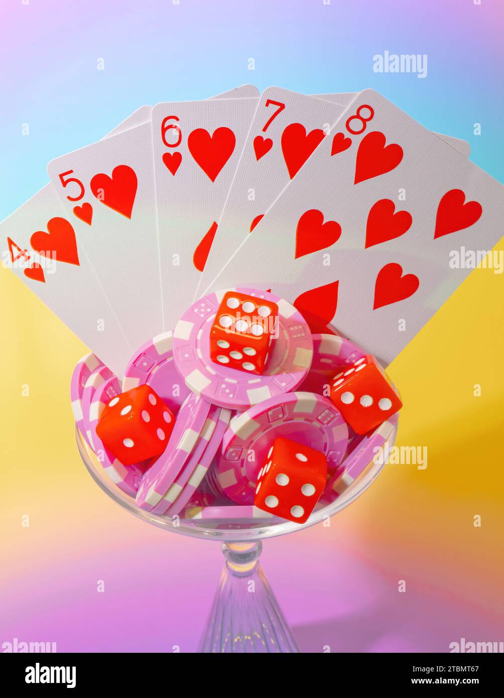 Top View of A Red Hearts Straight Flush Poker Hand , Pink Poker Chips