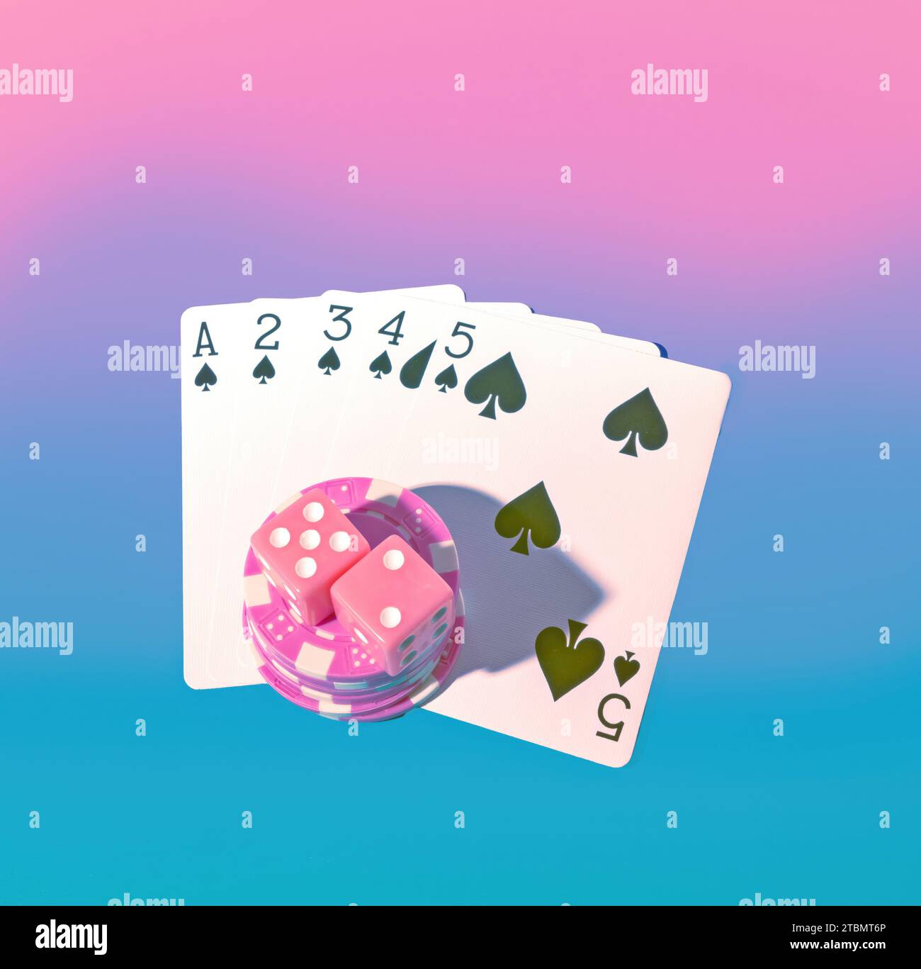 Top View of a Winning Spades Straight Flush Poker Hand om a Blue and Pink Gradient Background