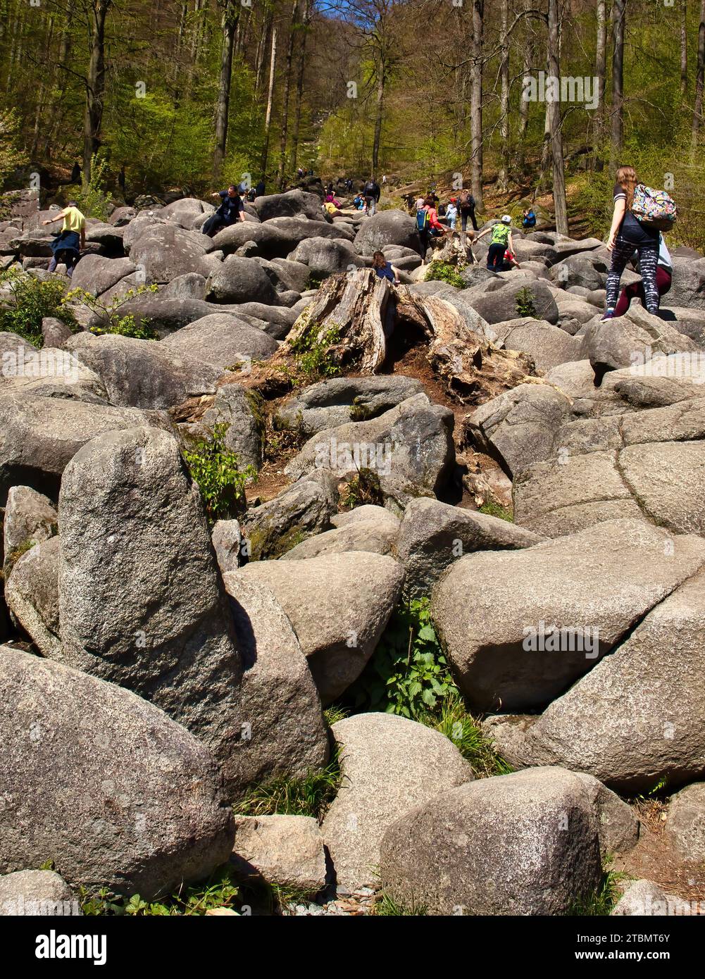 Lautertal, Germany - April 24, 2021: People climbing on rocks on a hill at Felsenmeer on a spring day in Germany. Stock Photo