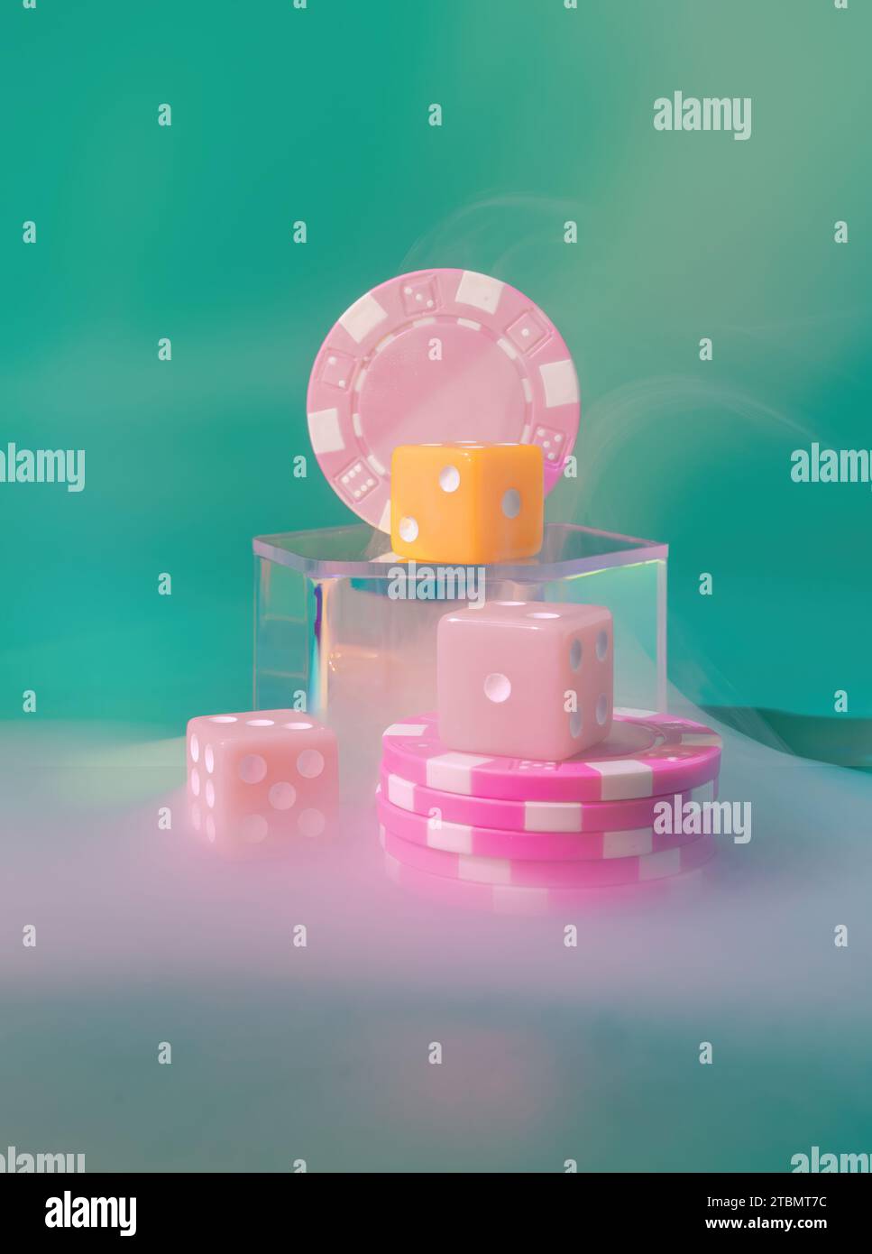 Dramatic Smokey Casino Game Night Scene with Pink Poker chips,and Dice