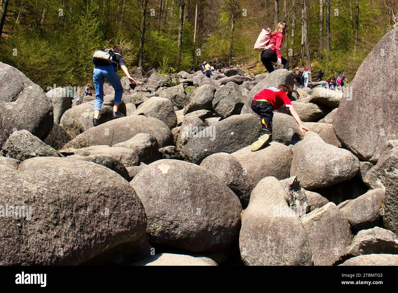 Lautertal, Germany - April 24, 2021: Large rocks on a hill at Felsenmeer, Sea of Rocks, on a spring day in Germany. Stock Photo