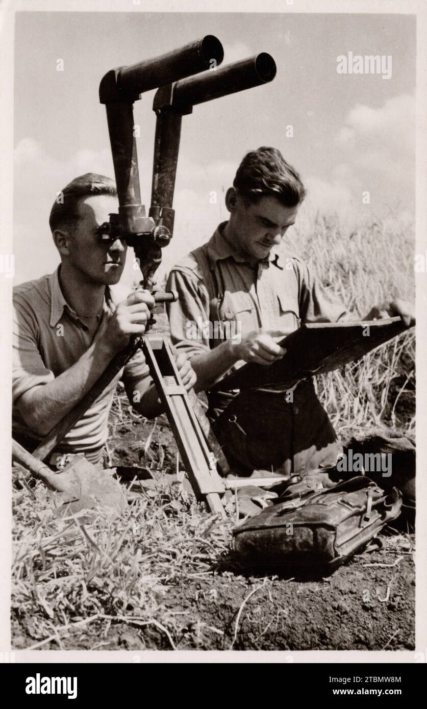 German soldiers using binoculars for artillery observation, WW2 era