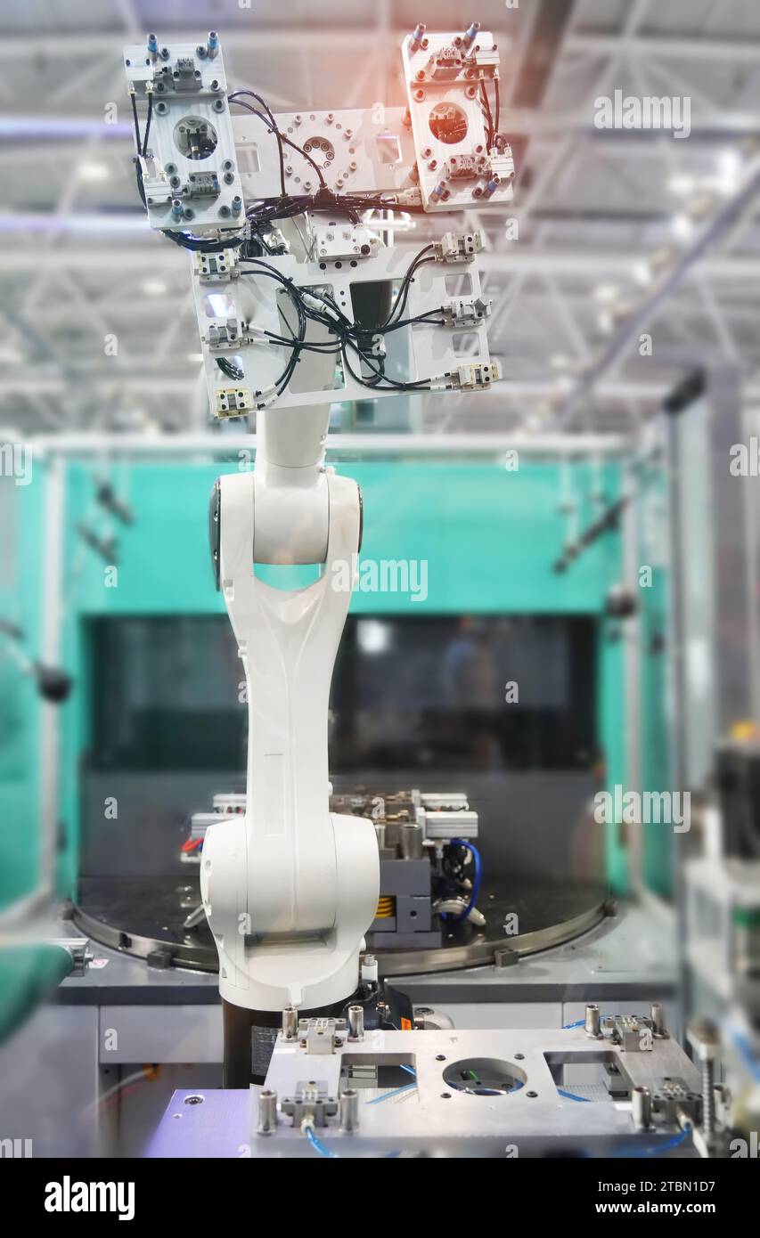 robotic pneumatic piston sucker unit on industrial machine in plastic