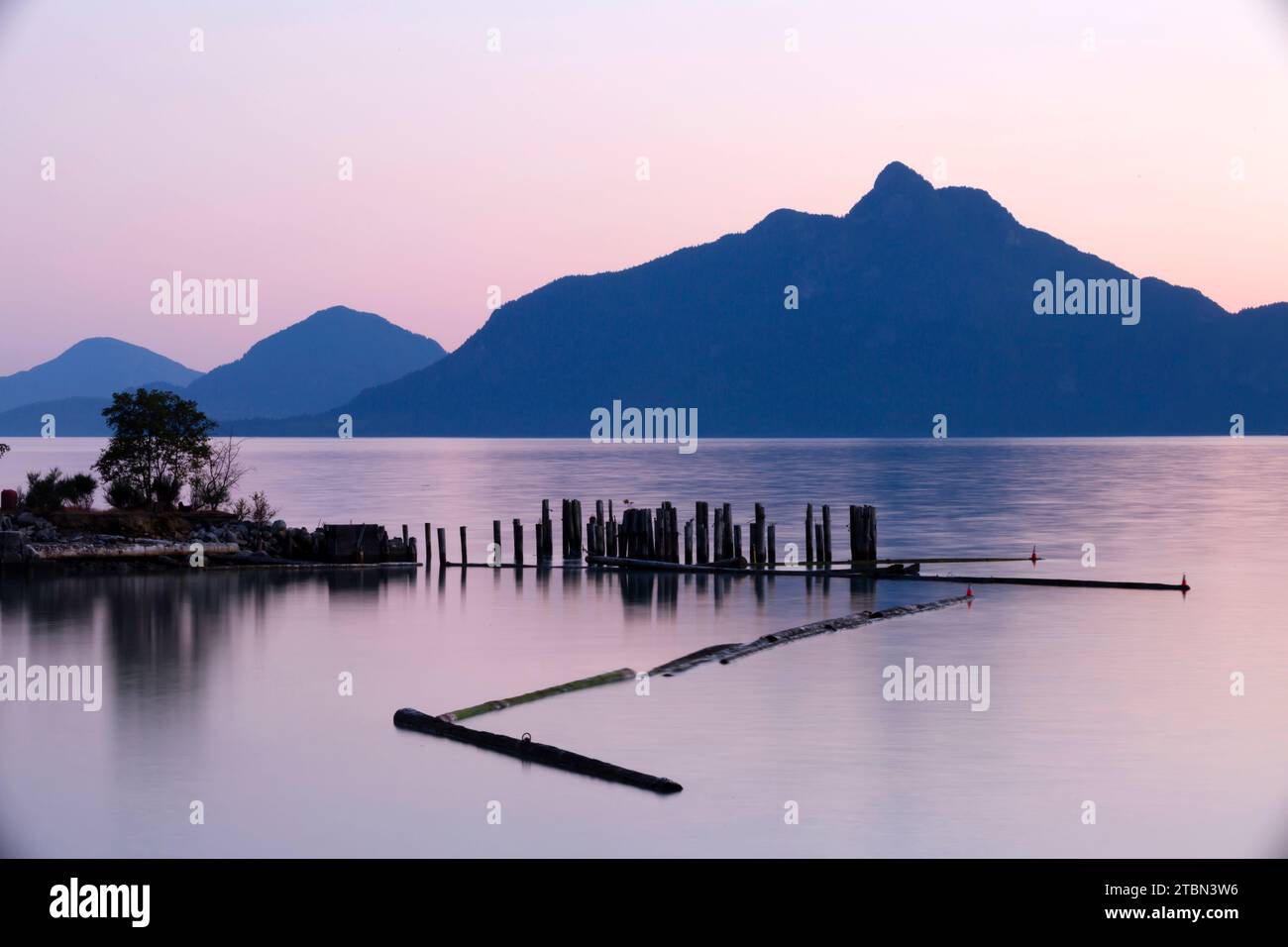 View of Howe Sound and Anvil Island at dusk from Britannia Beach near Squamish, British Columbia, Canada. Stock Photo