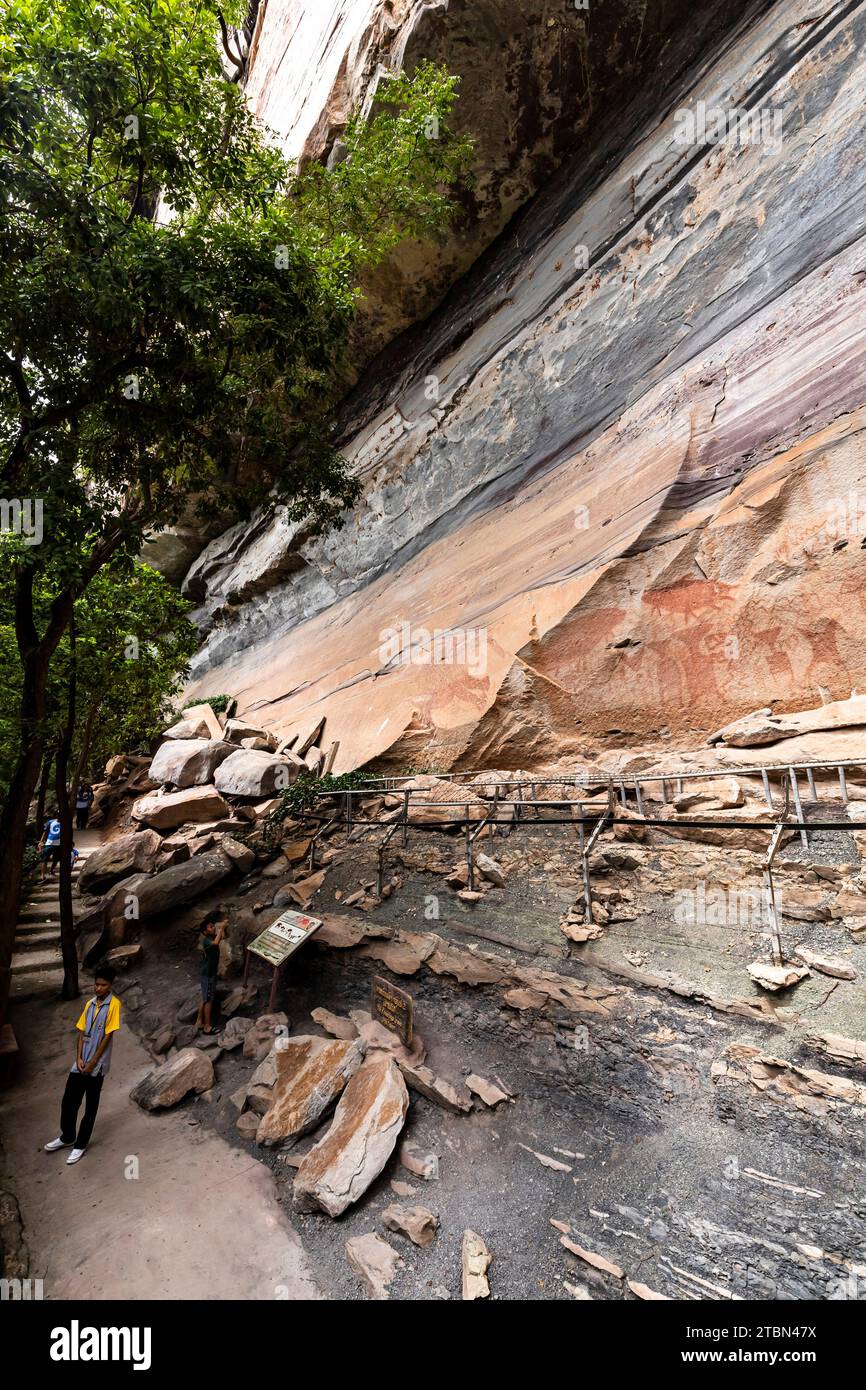 Pha Taem National Park, prehistoric rock paintings at cliff of the Mekong(river), Group 2 site, Ubon Ratchathani, Isan, Thailand, Southeast Asia, Asia Stock Photo