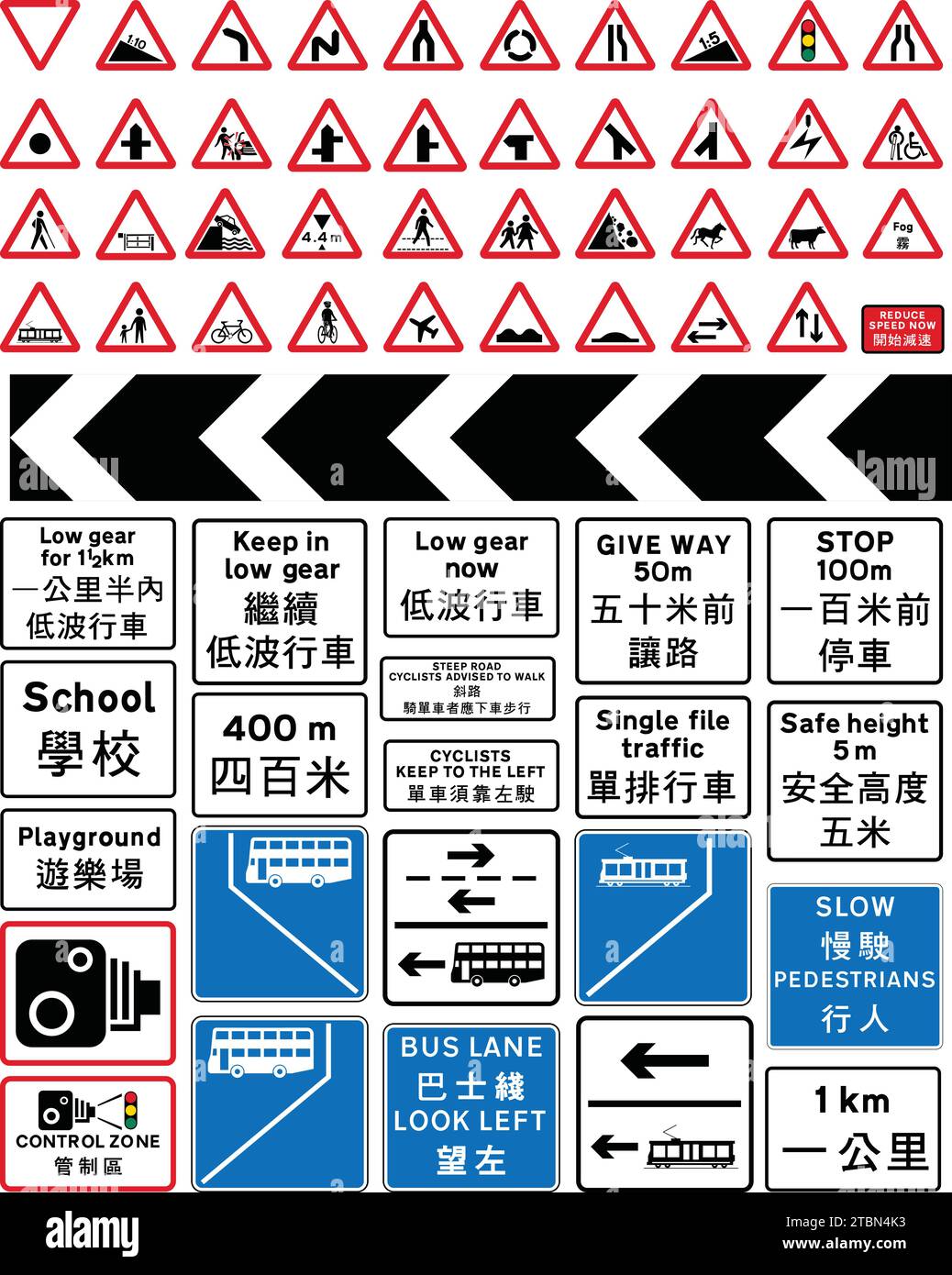 Hong Kong city traffic and road warning signs in bulk as a set. Asian