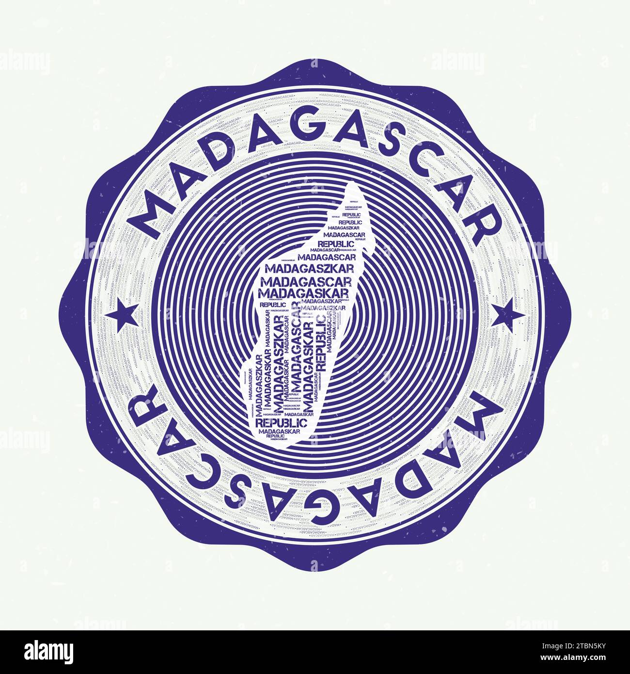 Madagascar seal. Country round logo with shape of Madagascar and country name in multiple languages wordcloud. Astonishing emblem. Charming vector ill Stock Vector