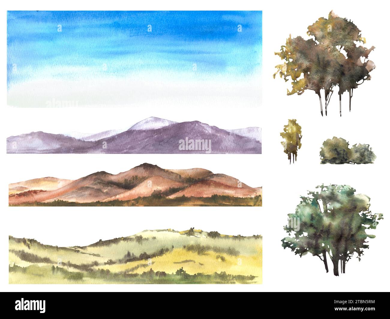 Watercolor landscape with with field, bushes, trees, hills, sky and ...