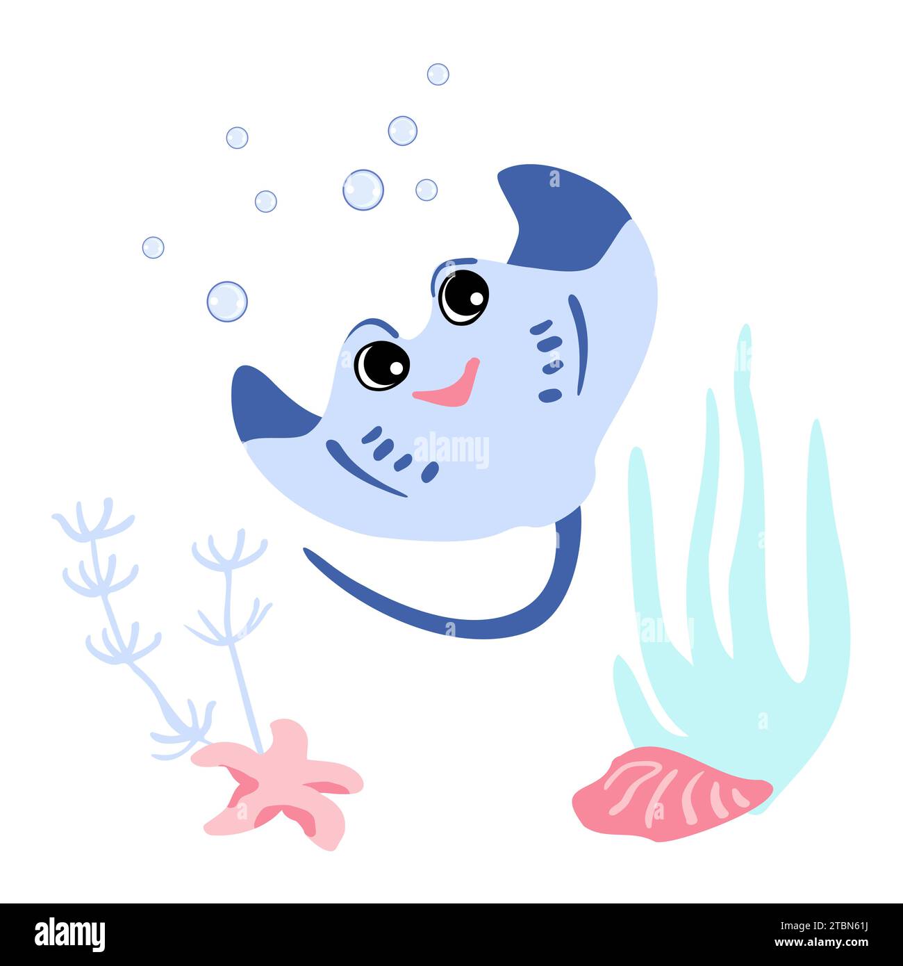 Cute cramp-fish with bubbles, starfish and clam, coral underwater. Marine life character vector illustration Stock Vector